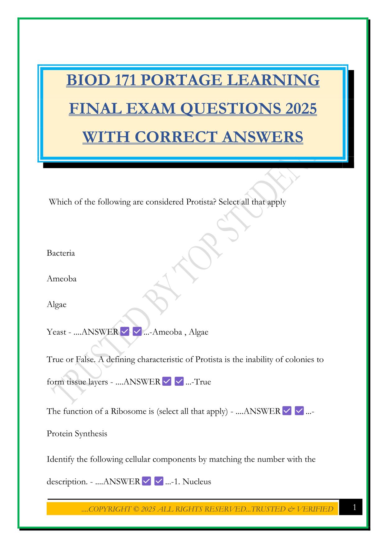 BIOD 171 PORTAGE LEARNING FINAL EXAM QUESTIONS 2025 WITH CORRECT ANSWERS
