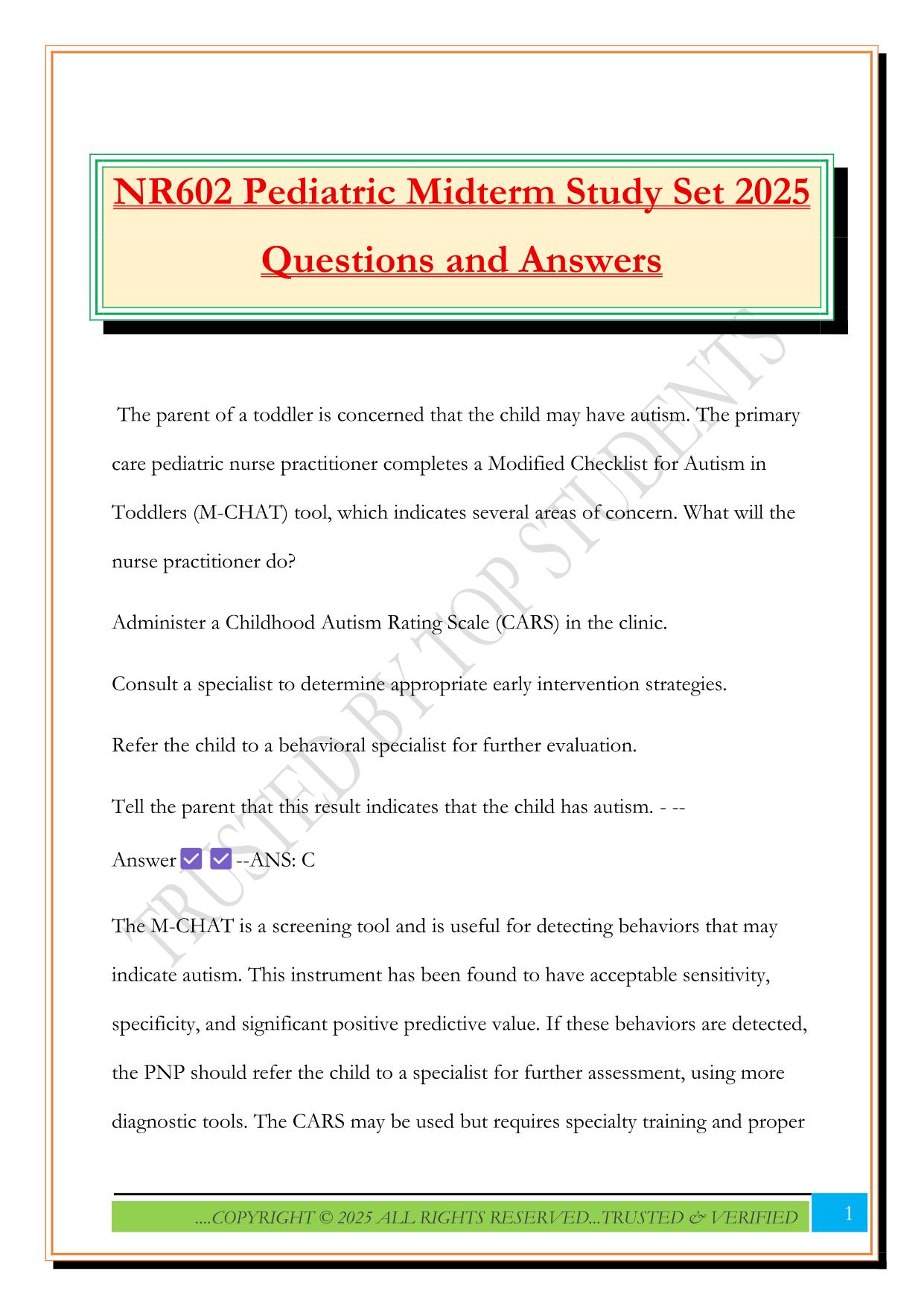 NR602 Pediatric Midterm Study Set 2025 Questions and Answers