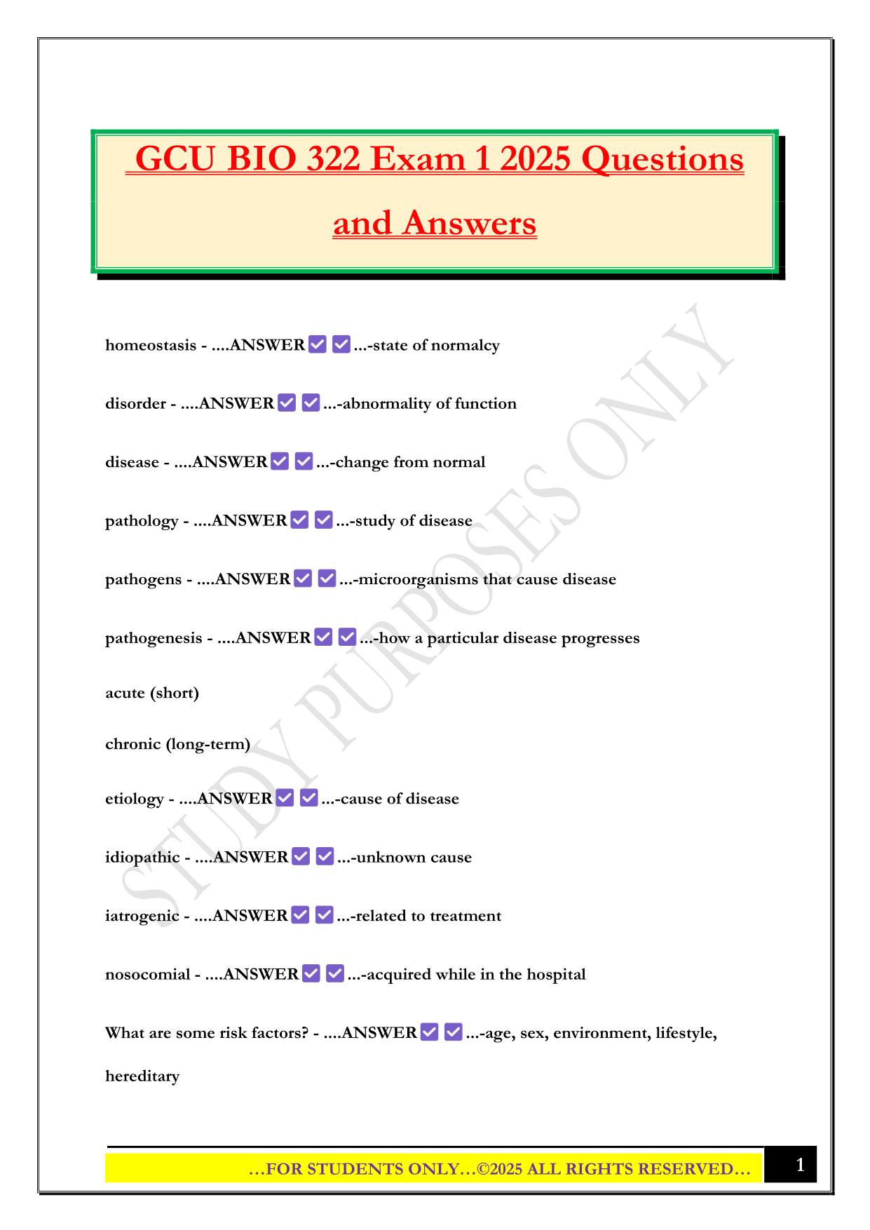 GCU BIO 322 Exam 1 2025 Questions and Answers