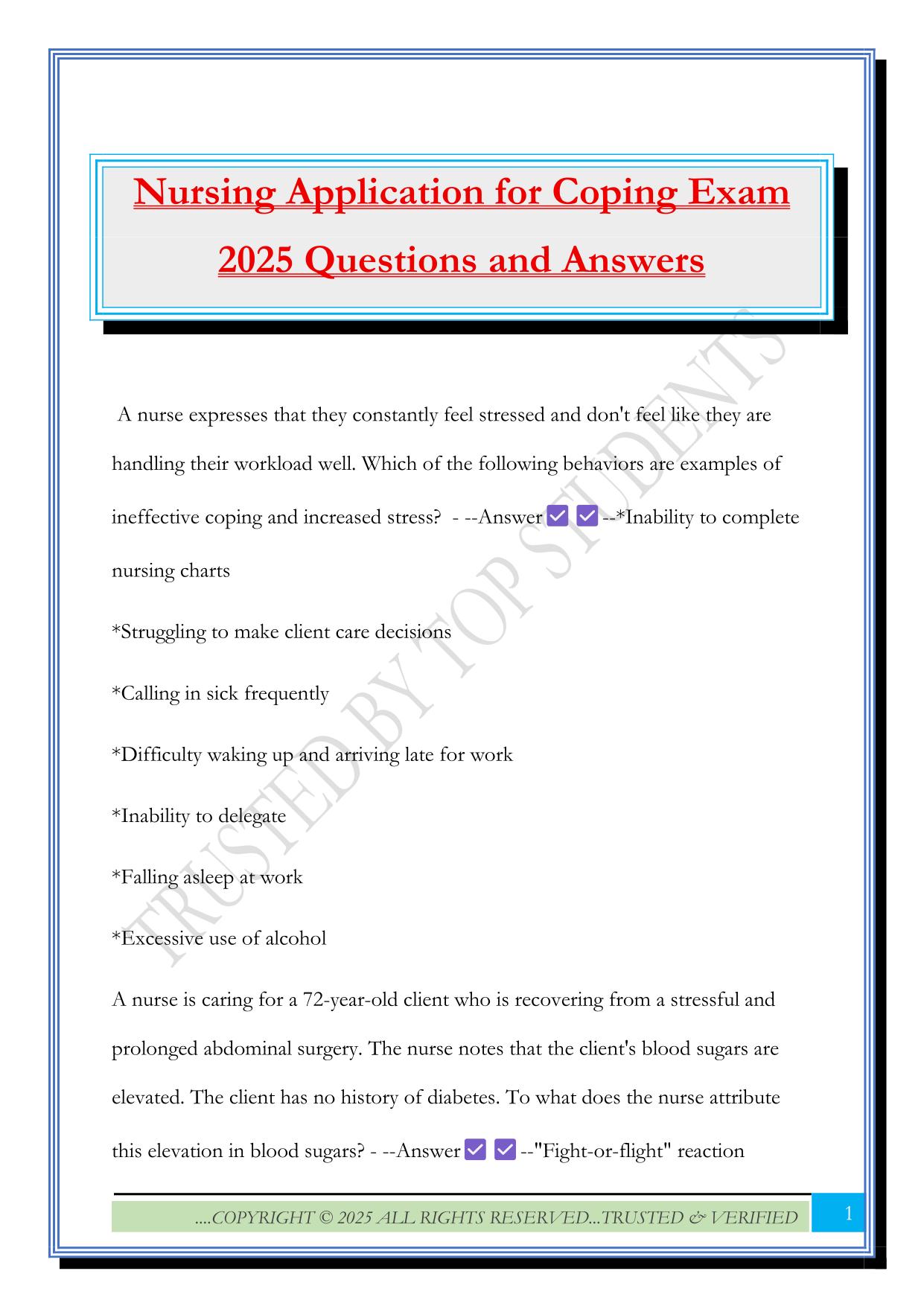 Nursing Application for Coping Exam 2025 Questions and Answers