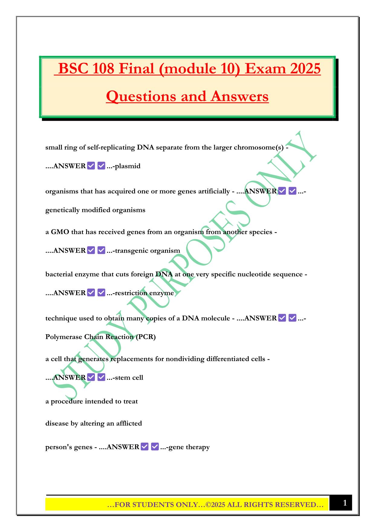BSC 108 Final (module 10) Exam 2025 Questions and Answers