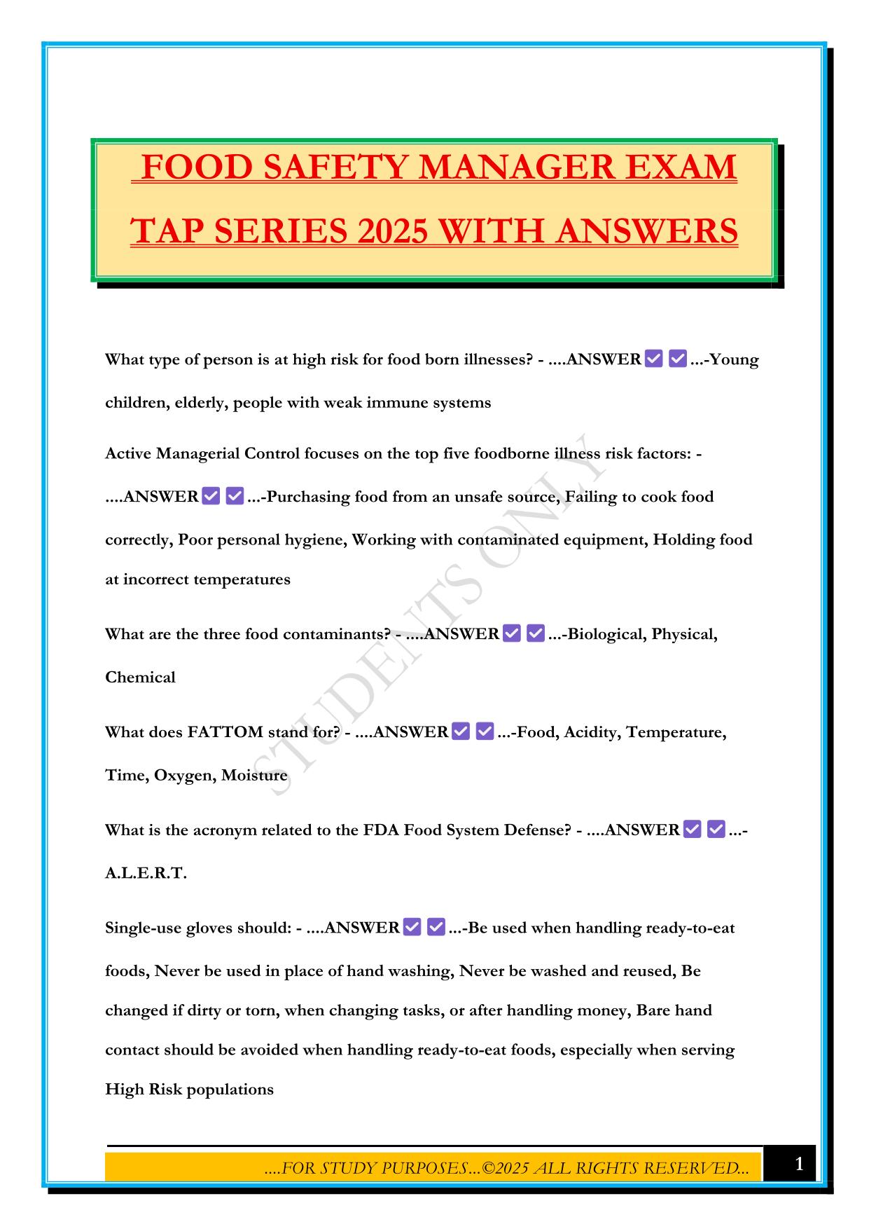 FOOD SAFETY MANAGER EXAM TAP SERIES 2025 WITH ANSWERS