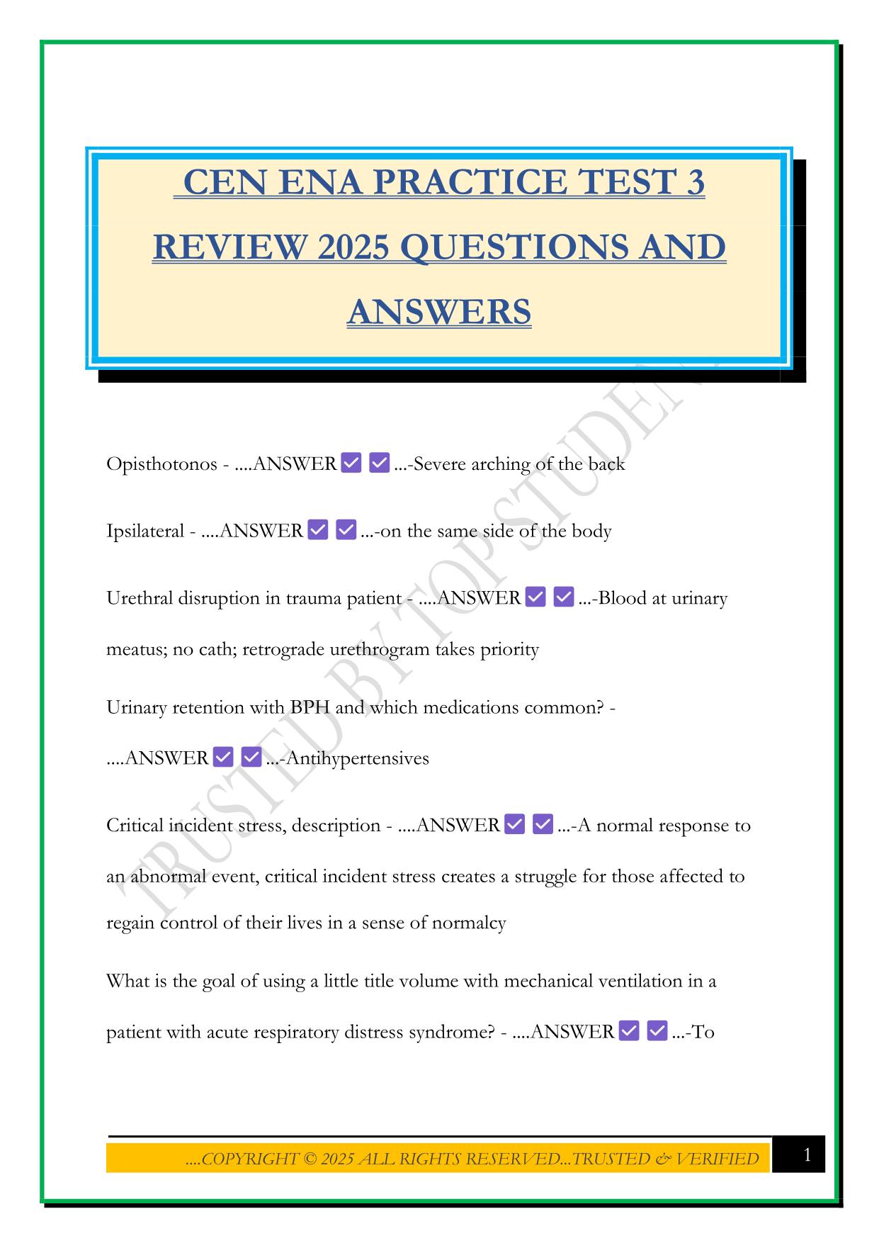 CEN ENA PRACTICE TEST 3 REVIEW 2025 QUESTIONS AND ANSWERS