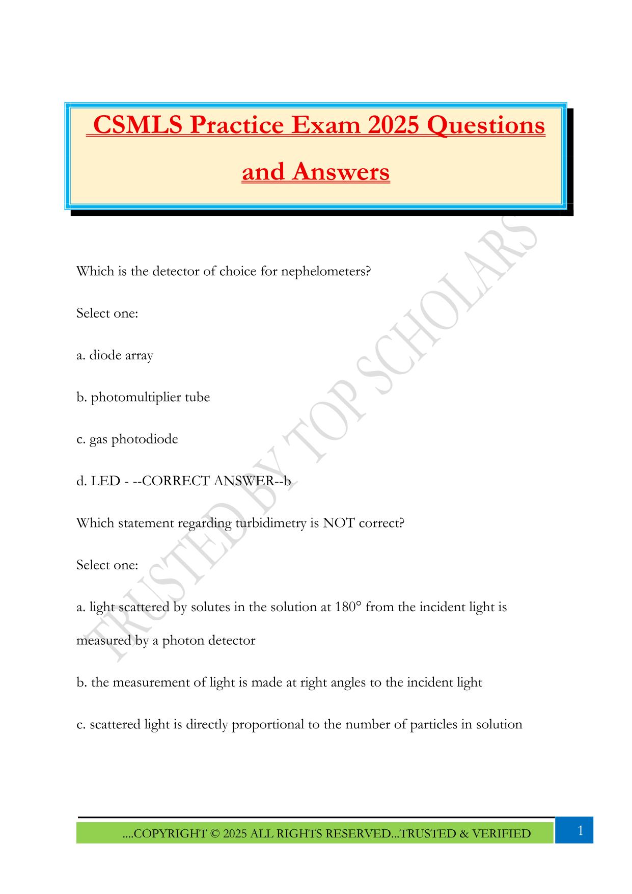 CSMLS Practice Exam 2025 Questions and Answers