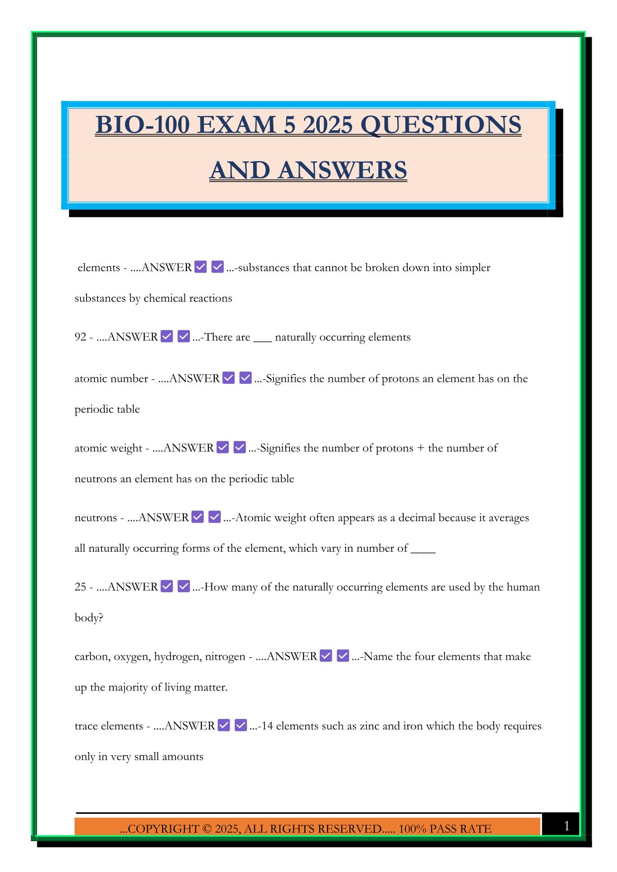 BIO-100 EXAM 5 2025 QUESTIONS AND ANSWERS
