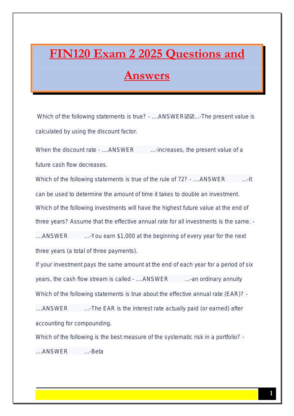 FIN120 Exam 2 2025 Questions and Answers