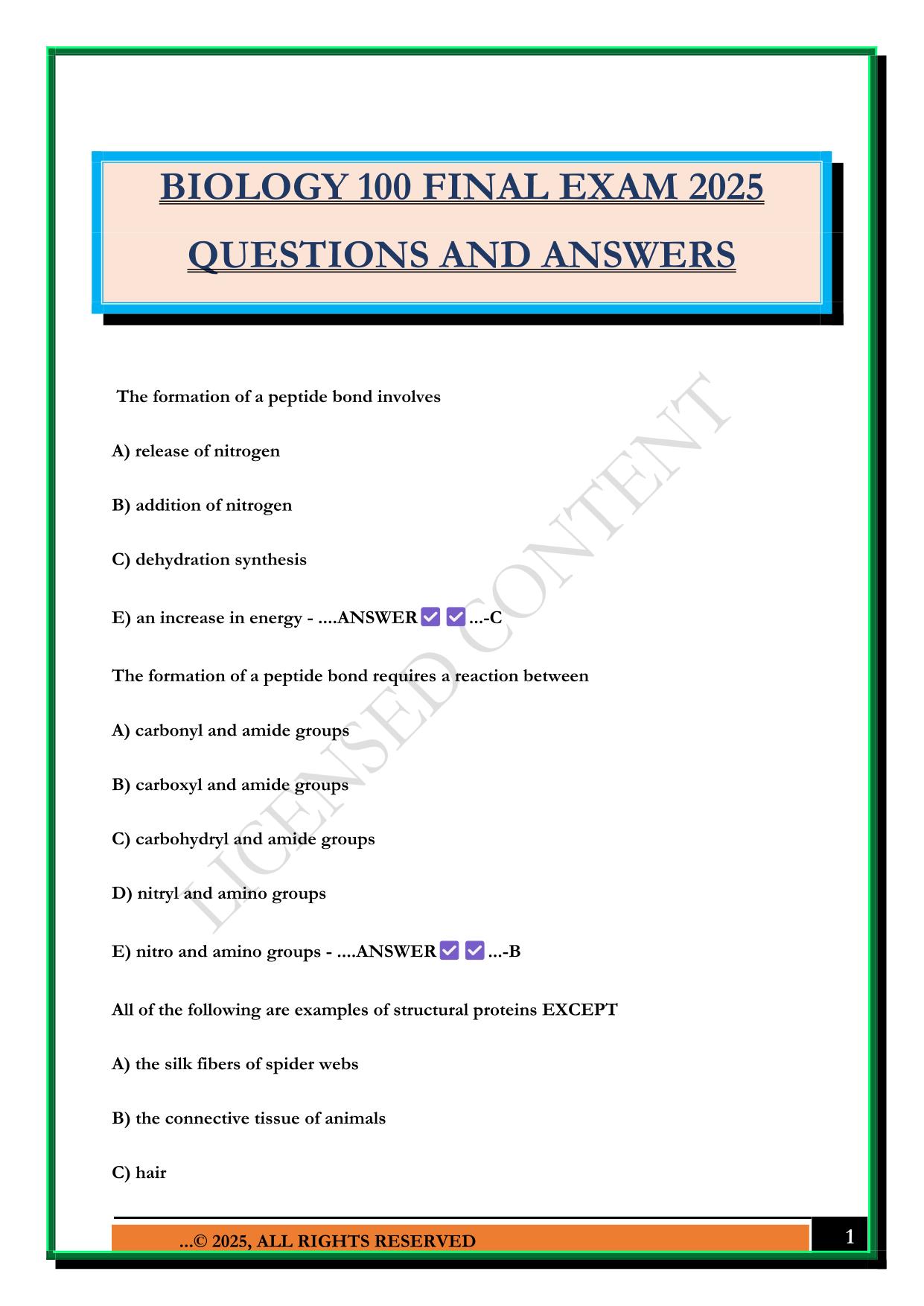 BIOLOGY 100 FINAL EXAM 2025 QUESTIONS AND ANSWERS