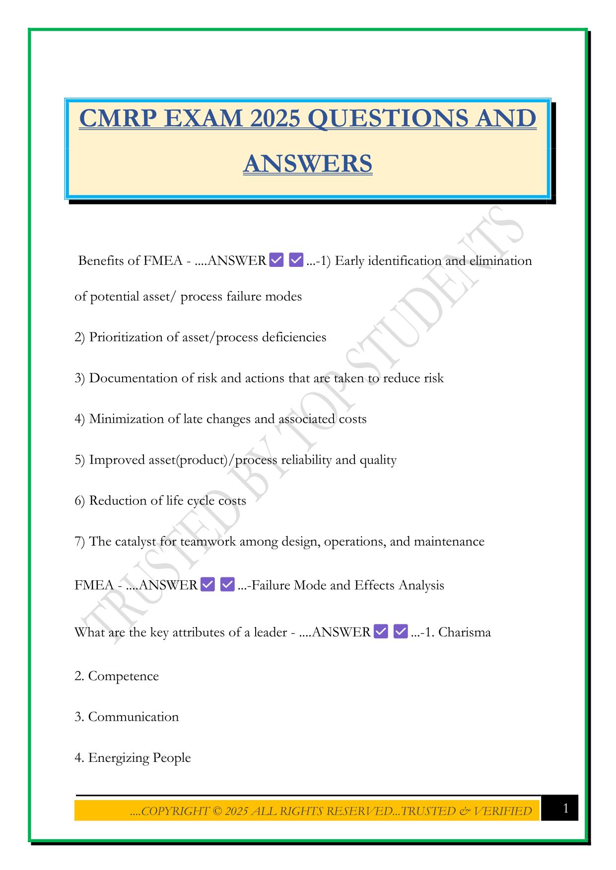 CMRP EXAM 2025 QUESTIONS AND ANSWERS