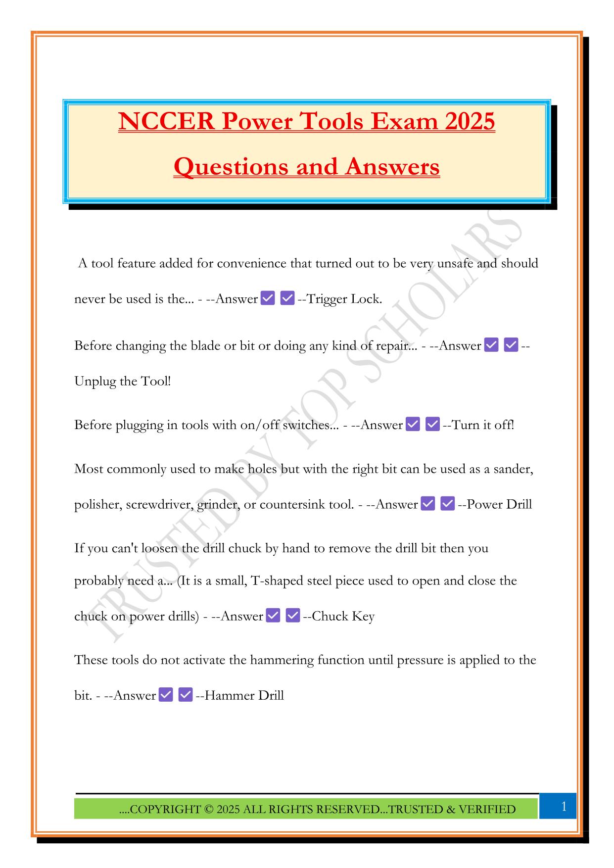 NCCER Power Tools Exam 2025 Questions and Answers