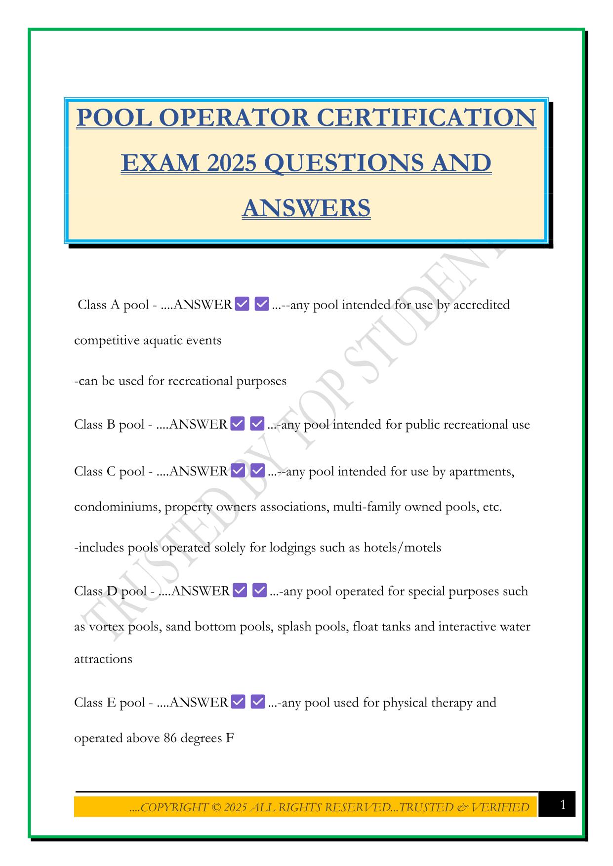 POOL OPERATOR CERTIFICATION EXAM 2025 QUESTIONS AND ANSWERS