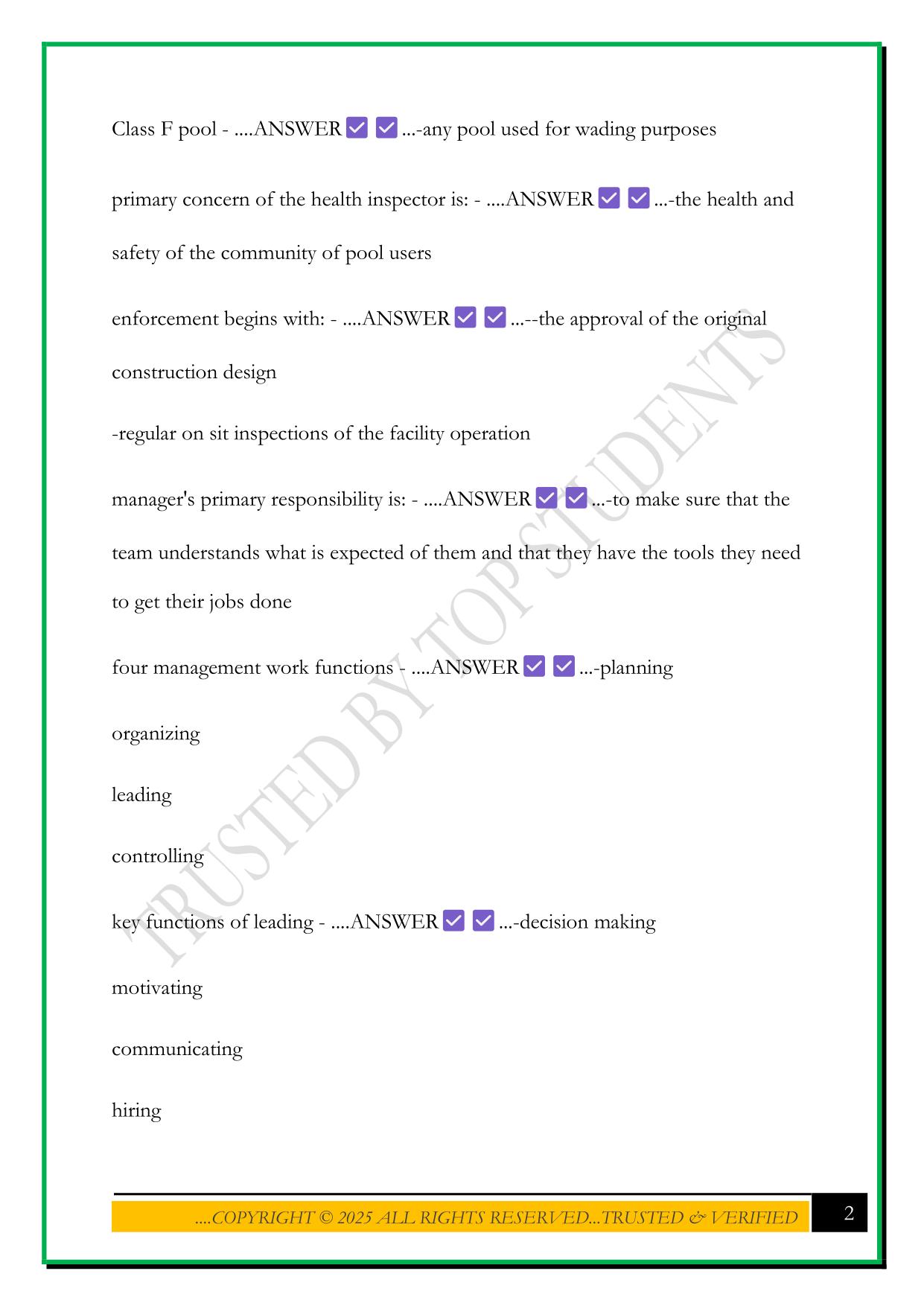 POOL OPERATOR CERTIFICATION EXAM 2025 QUESTIONS AND ANSWERS