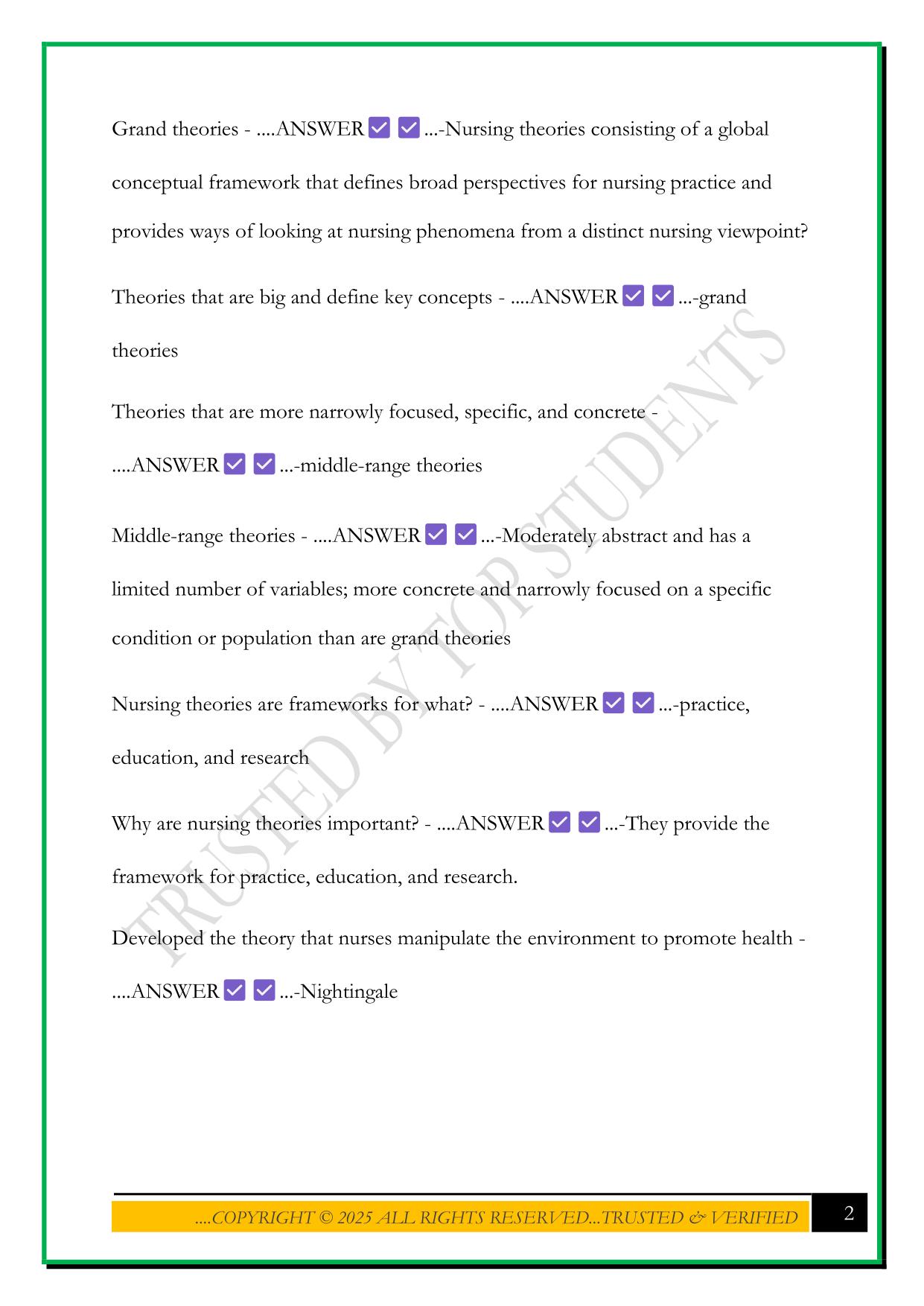 NURS246 NURSING THEORY EXAM 2025 QUESTIONS AND ANSWERS