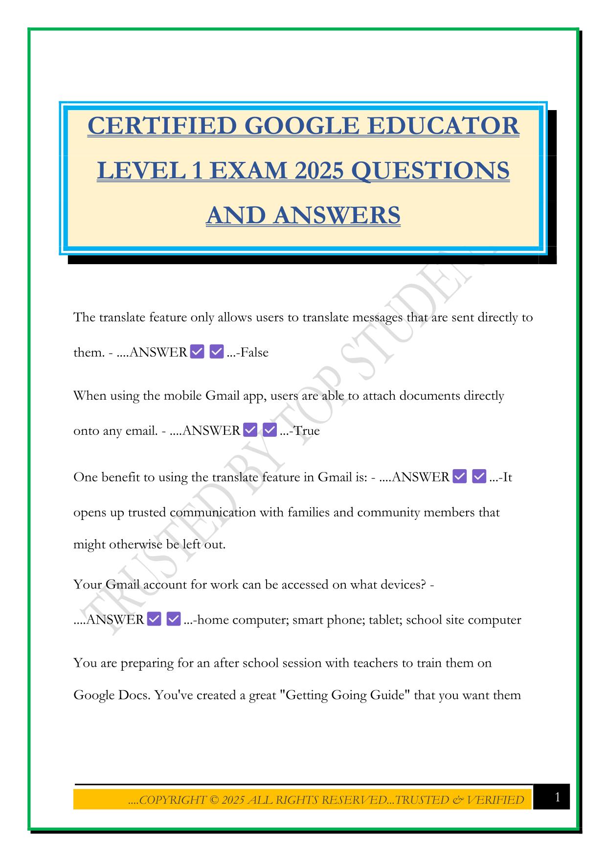 CERTIFIED GOOGLE EDUCATOR LEVEL 1 EXAM 2025 QUESTIONS AND ANSWERS