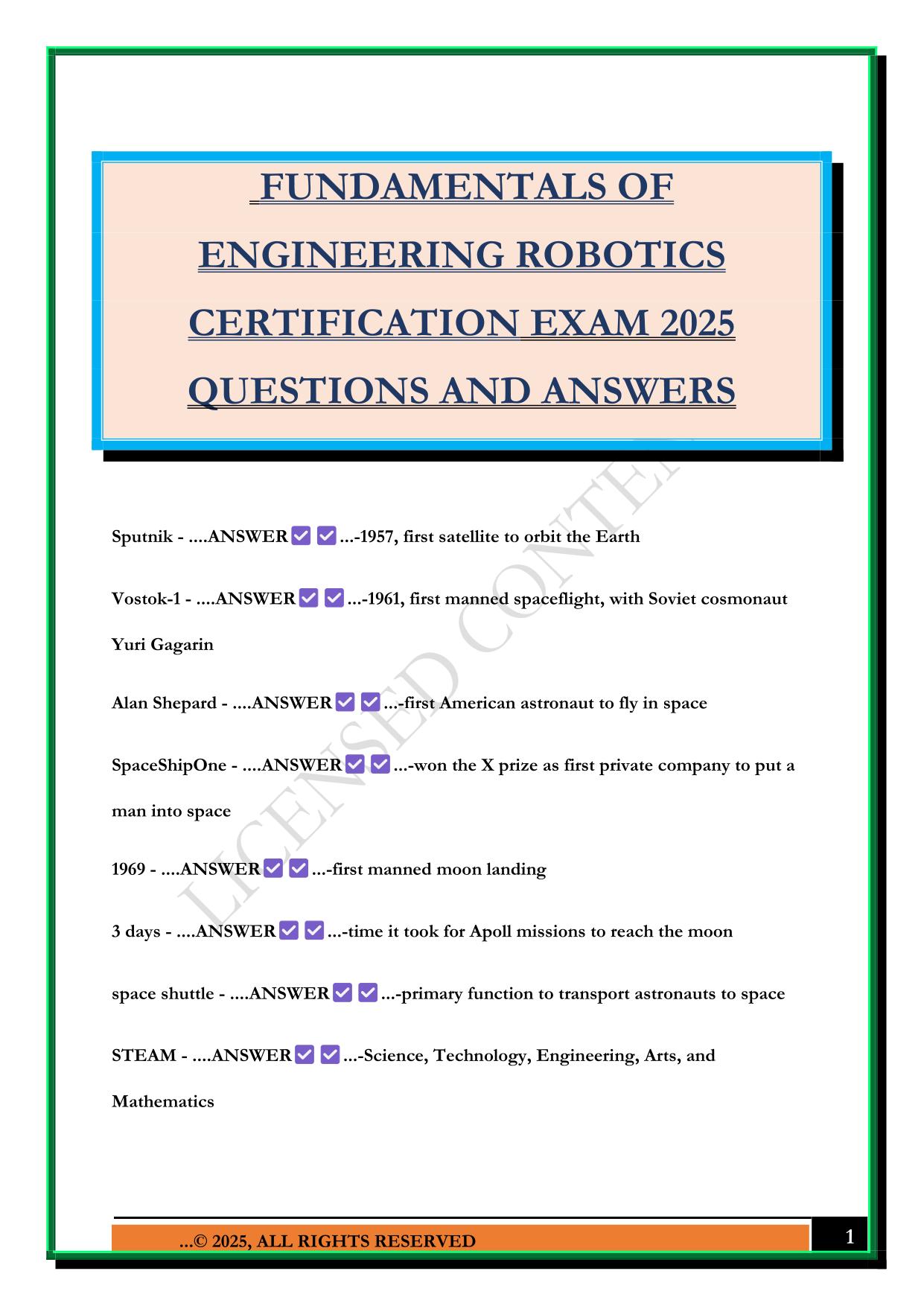 FUNDAMENTALS OF ENGINEERING ROBOTICS CERTIFICATION EXAM 2025 QUESTIONS AND ANSWERS