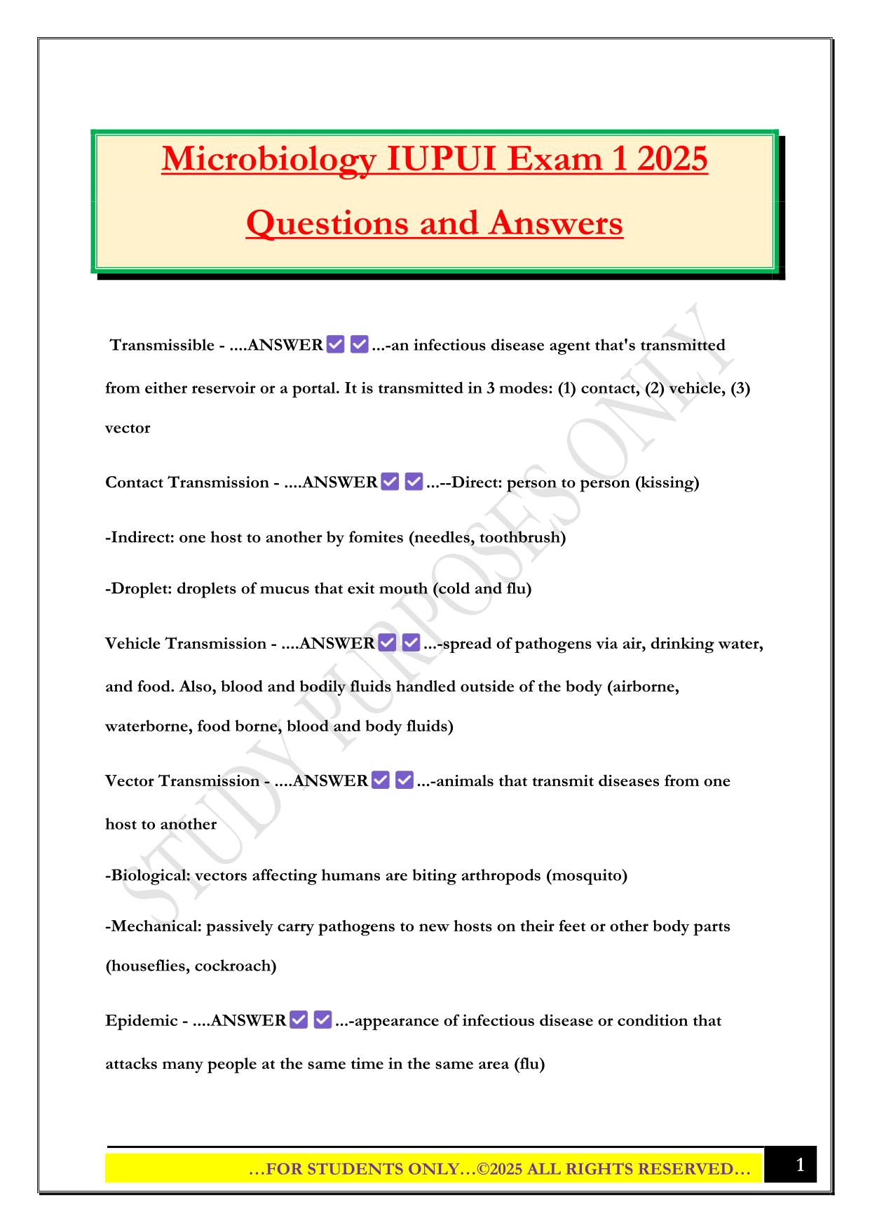 Microbiology IUPUI Exam 1 2025 Questions and Answers