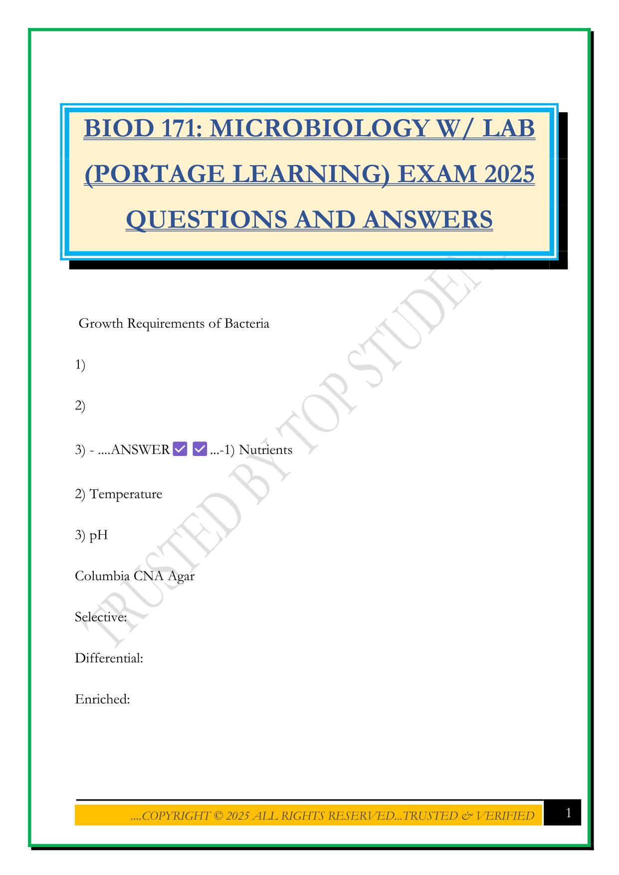 BIOD 171: MICROBIOLOGY W/ LAB (PORTAGE LEARNING) EXAM 2025 QUESTIONS AND ANSWERS