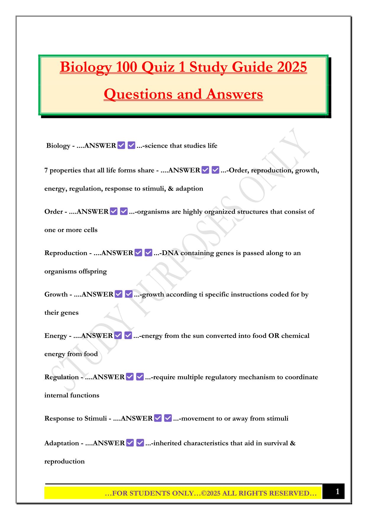 Biology 100 Quiz 1 Study Guide 2025 Questions and Answers