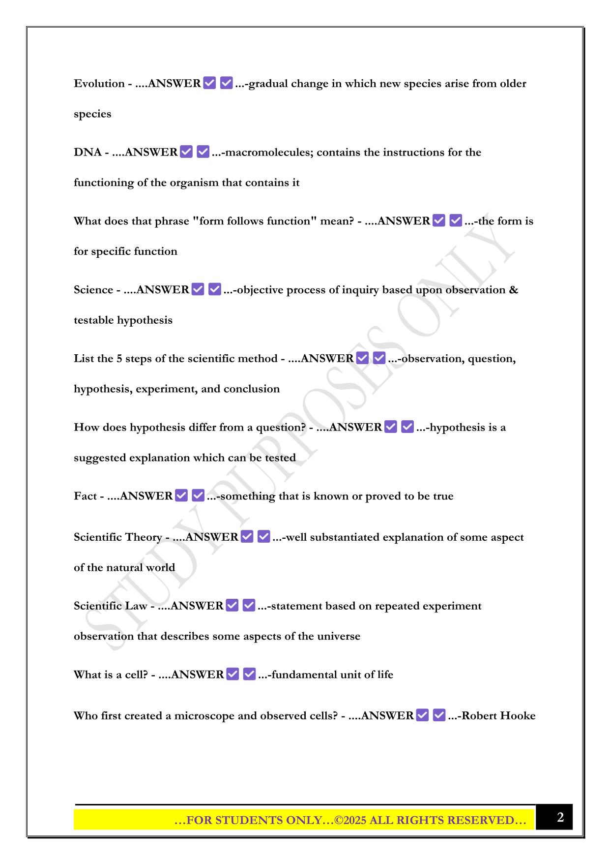Biology 100 Quiz 1 Study Guide 2025 Questions and Answers