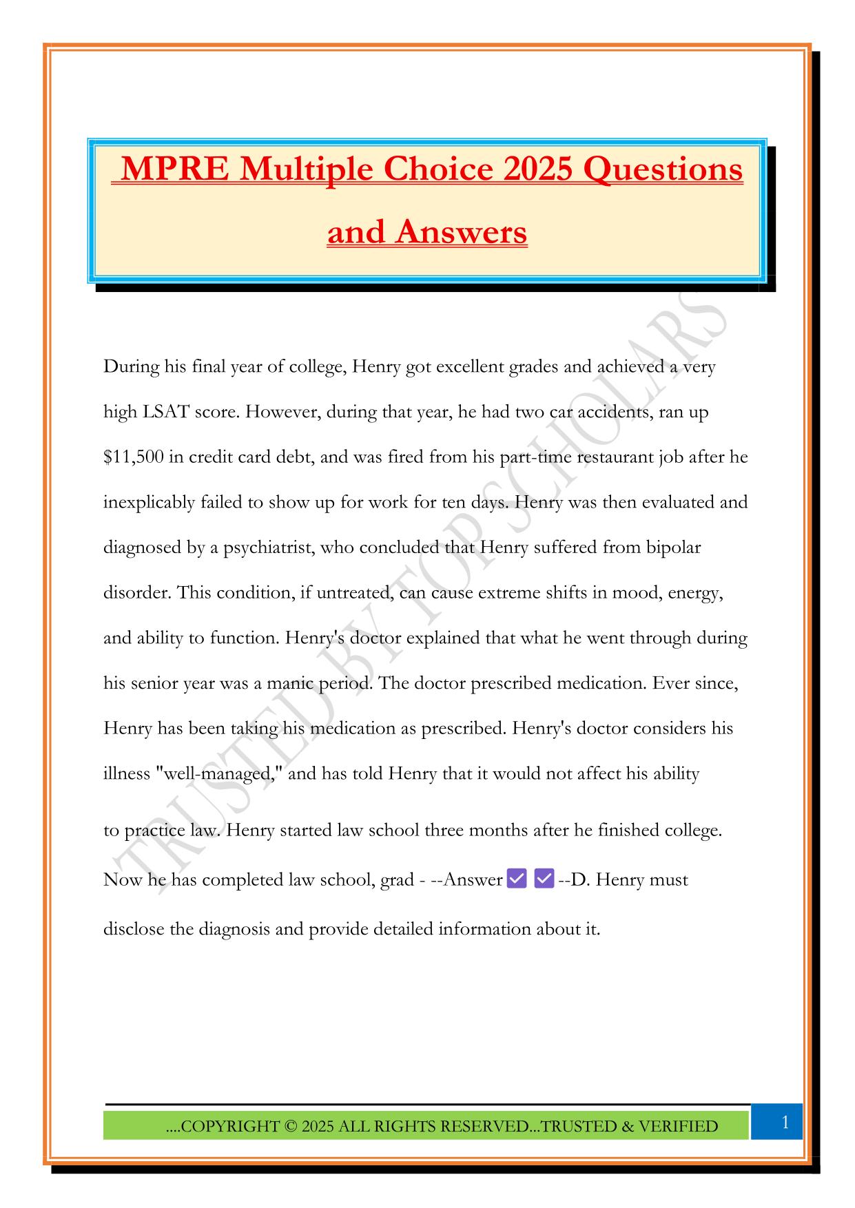 MPRE Multiple Choice 2025 Questions and Answers