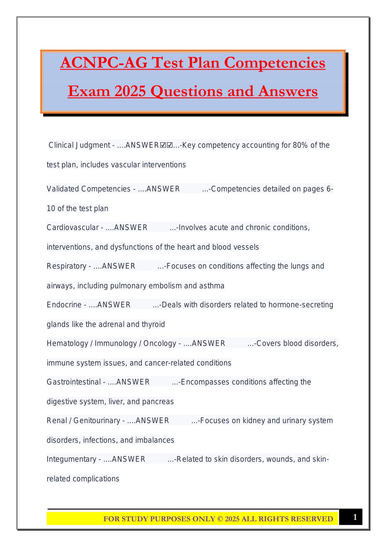 ACNPC-AG Test Plan Competencies Exam 2025 Questions and Answers