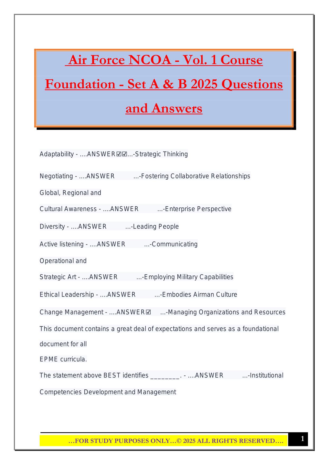 Air Force NCOA - Vol. 1 Course Foundation - Set A & B 2025 Questions and Answers