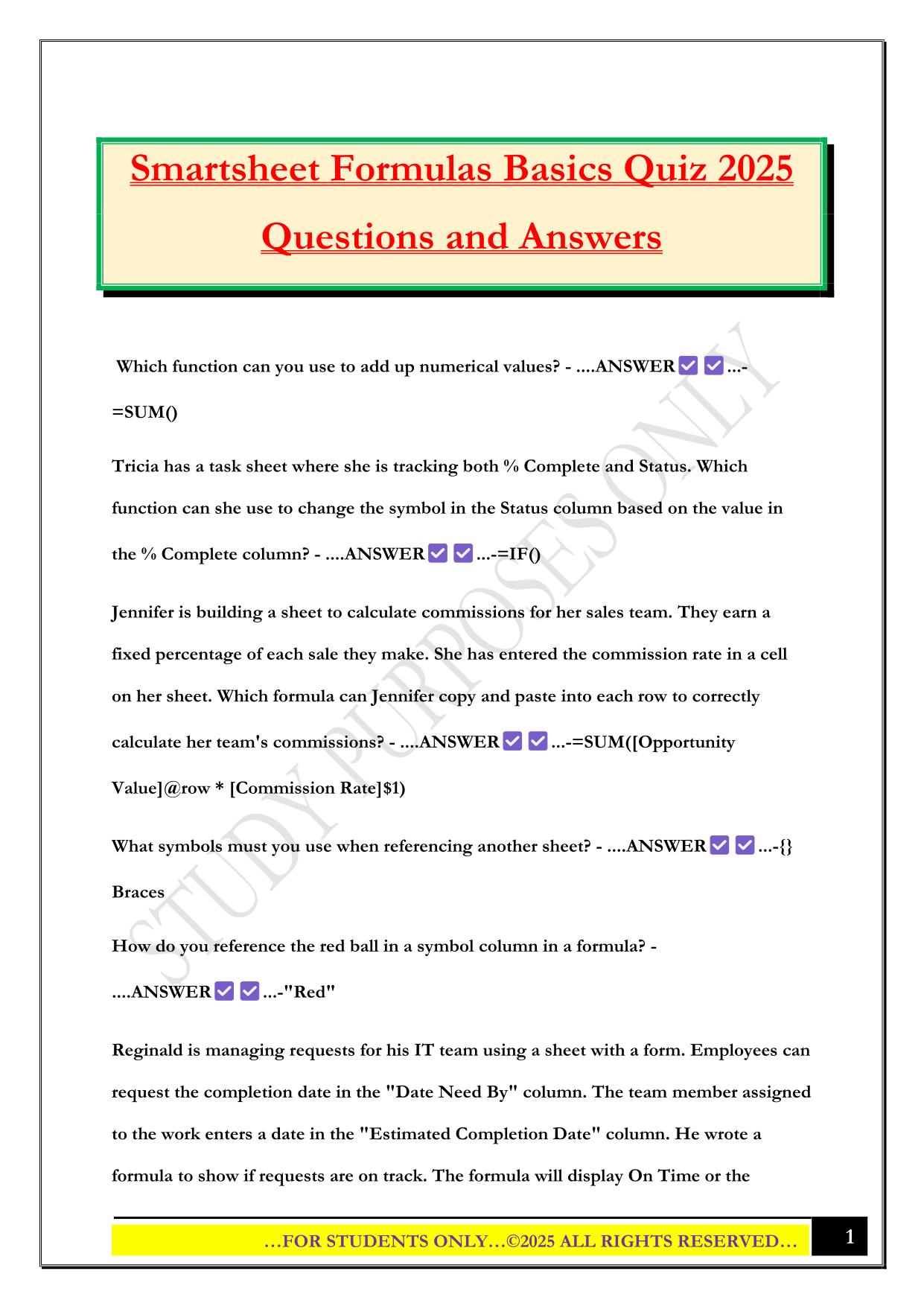 Smartsheet Formulas Basics Quiz 2025 Questions and Answers