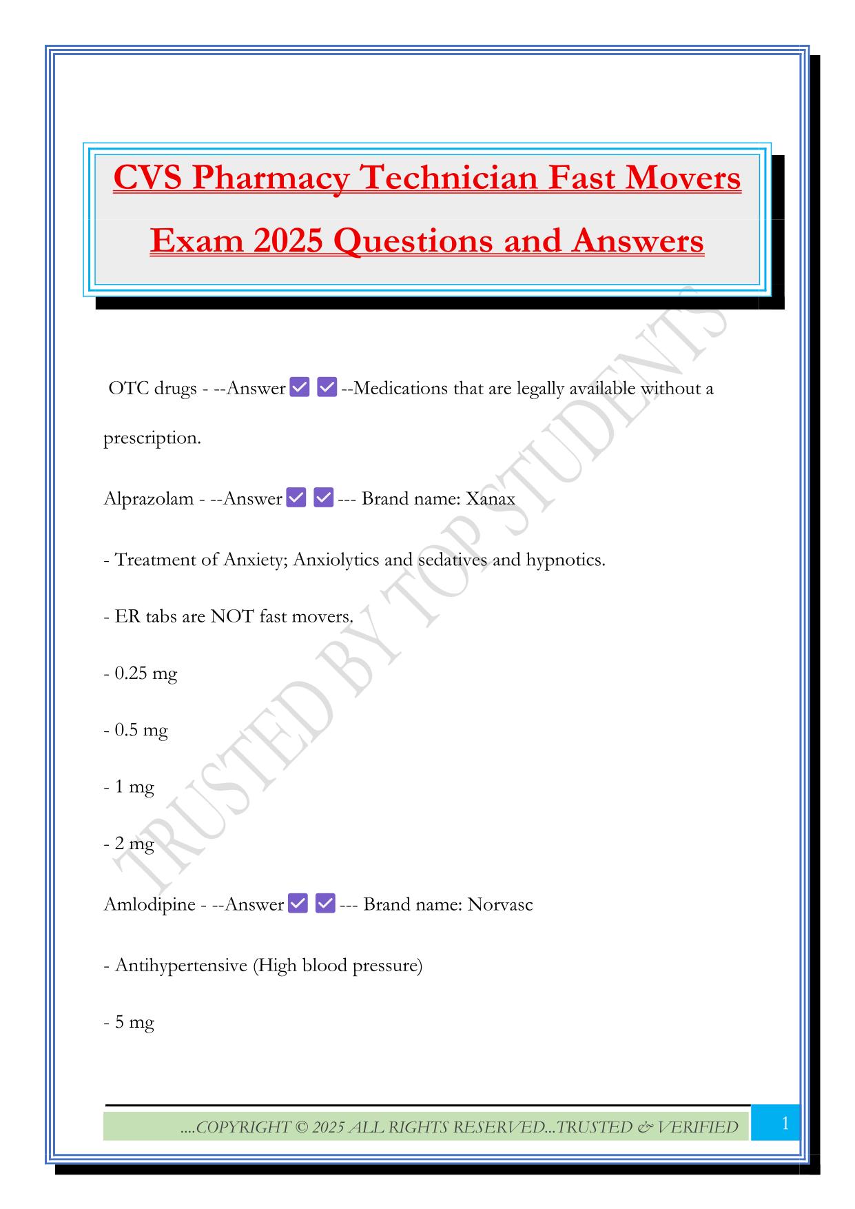 CVS Pharmacy Technician Fast Movers Exam 2025 Questions and Answers