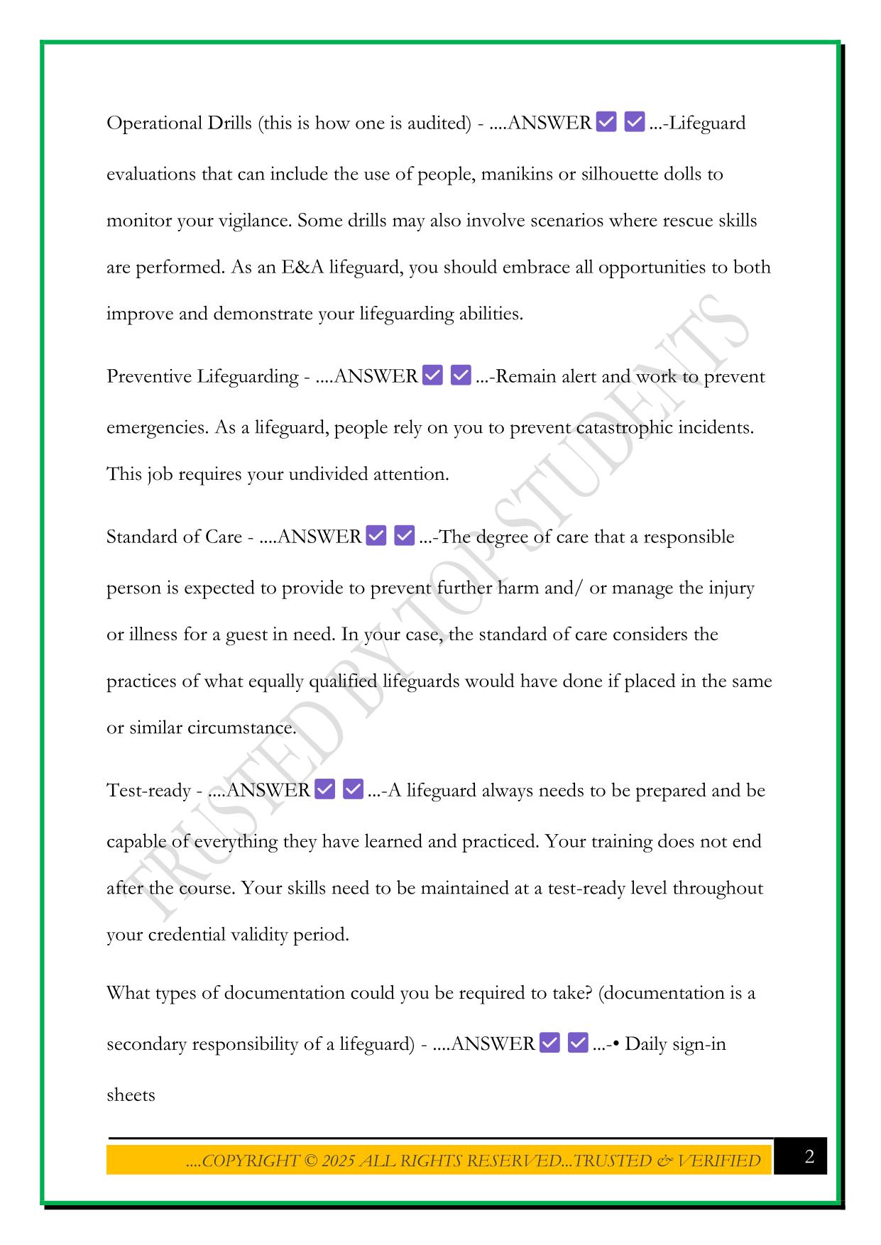 ELLIS & ASSOCIATES LIFEGUARD TRAINING VOCABULARY EXAM 2025 QUESTIONS AND ANSWERS