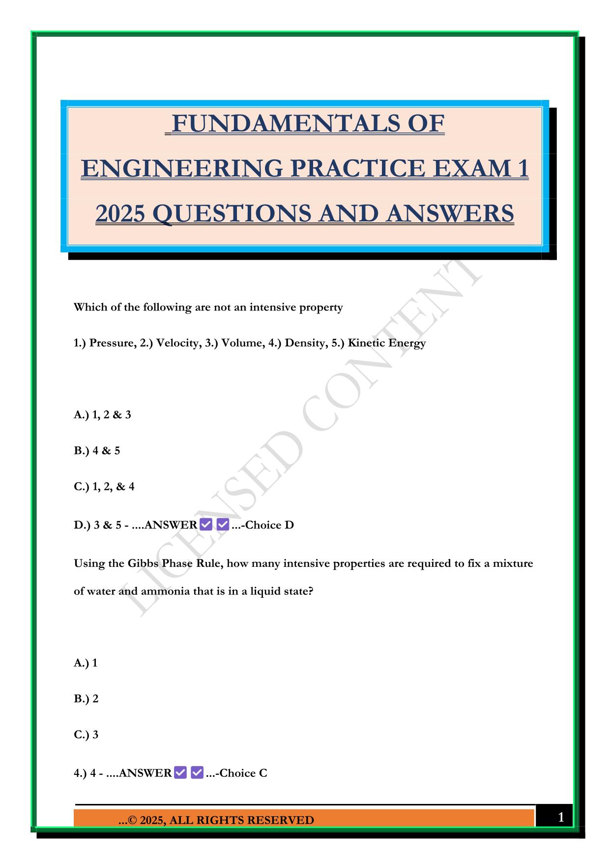 FUNDAMENTALS OF ENGINEERING PRACTICE EXAM 1 2025 QUESTIONS AND ANSWERS