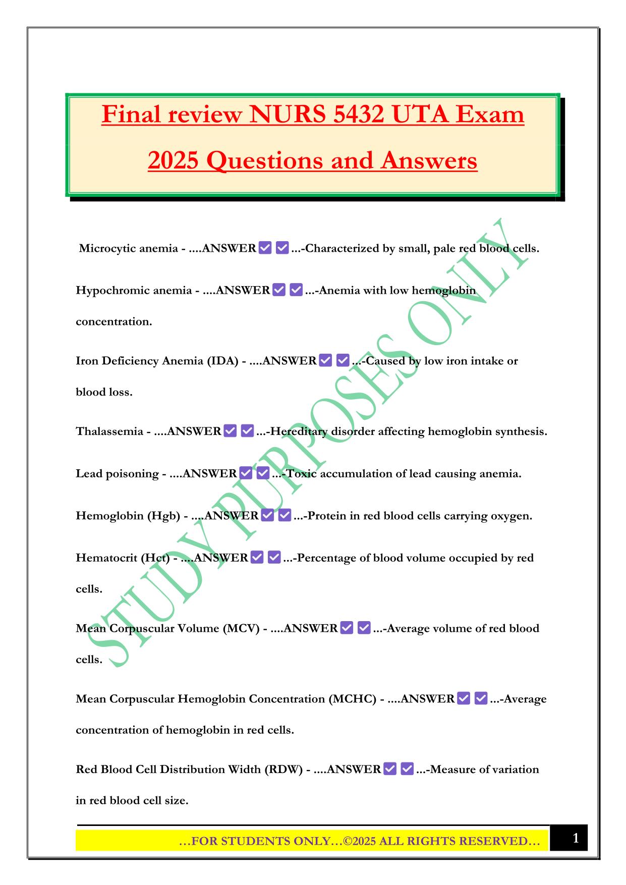 Final review NURS 5432 UTA Exam 2025 Questions and Answers