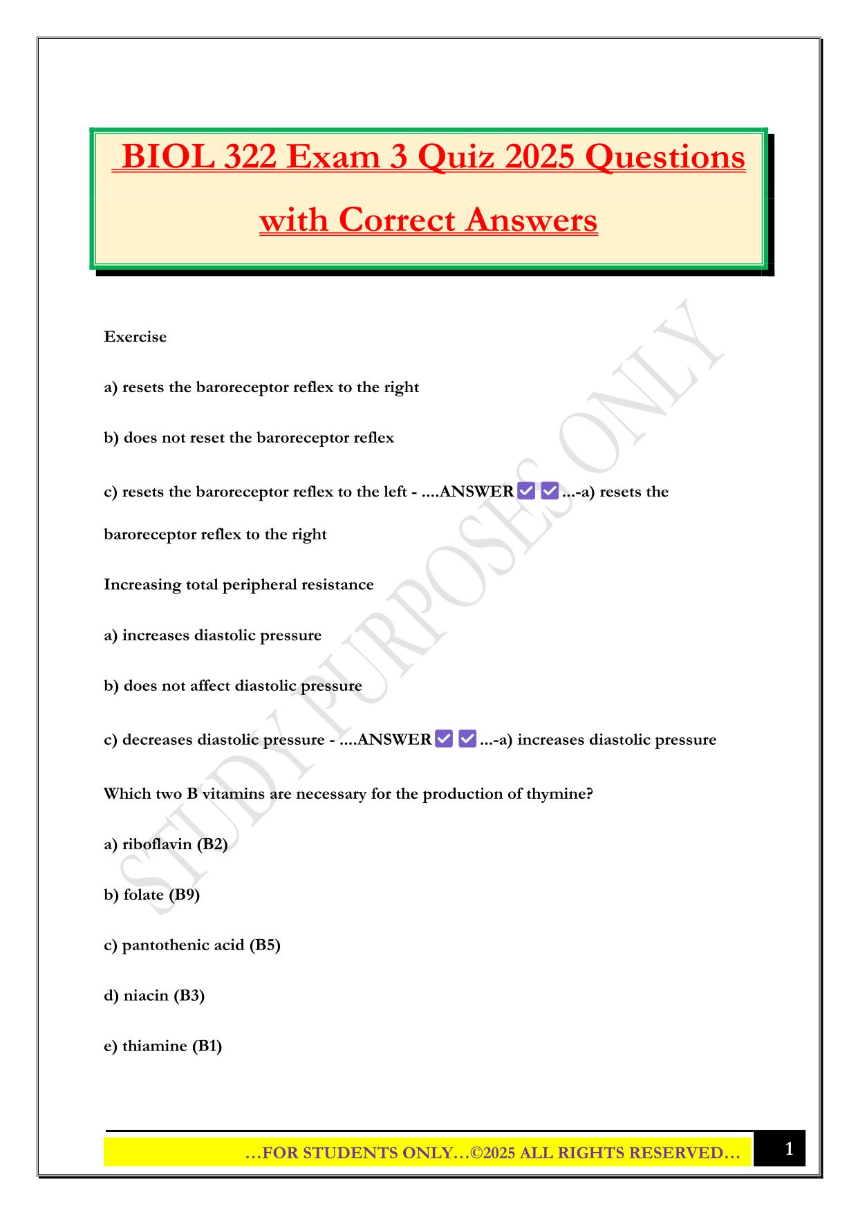 BIOL 322 Exam 3 Quiz 2025 Questions with Correct Answers