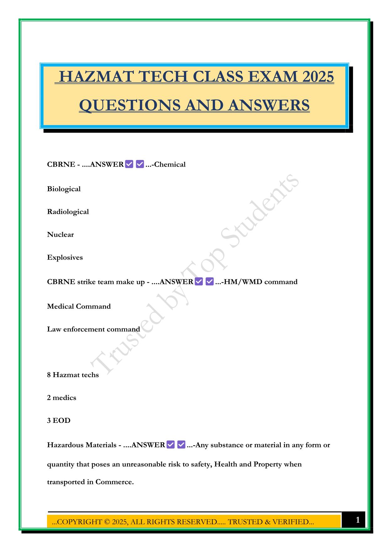 HAZMAT TECH CLASS EXAM 2025 QUESTIONS AND ANSWERS