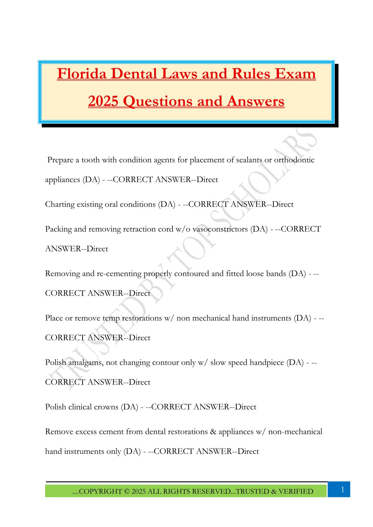 Florida Dental Laws and Rules Exam 2025 Questions and Answers