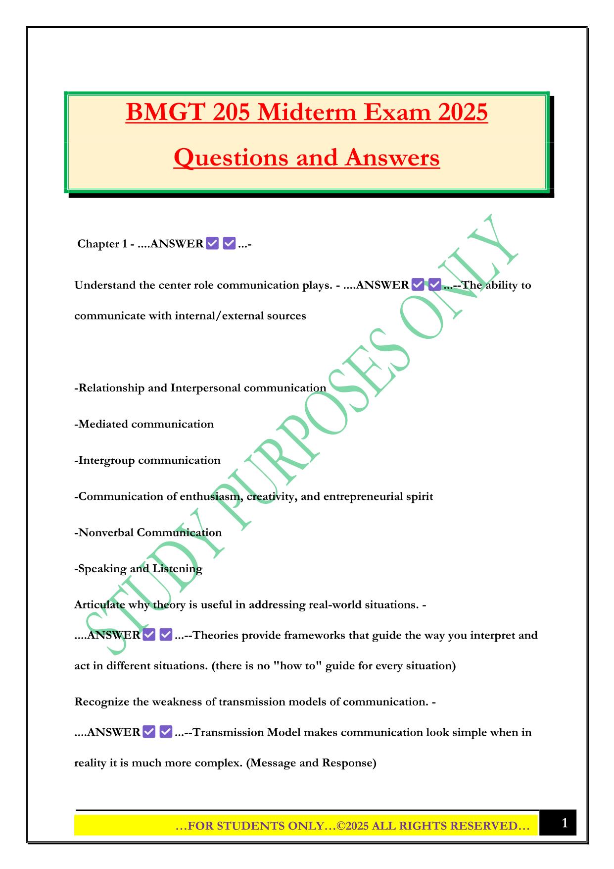 BMGT 205 Midterm Exam 2025 Questions and Answers