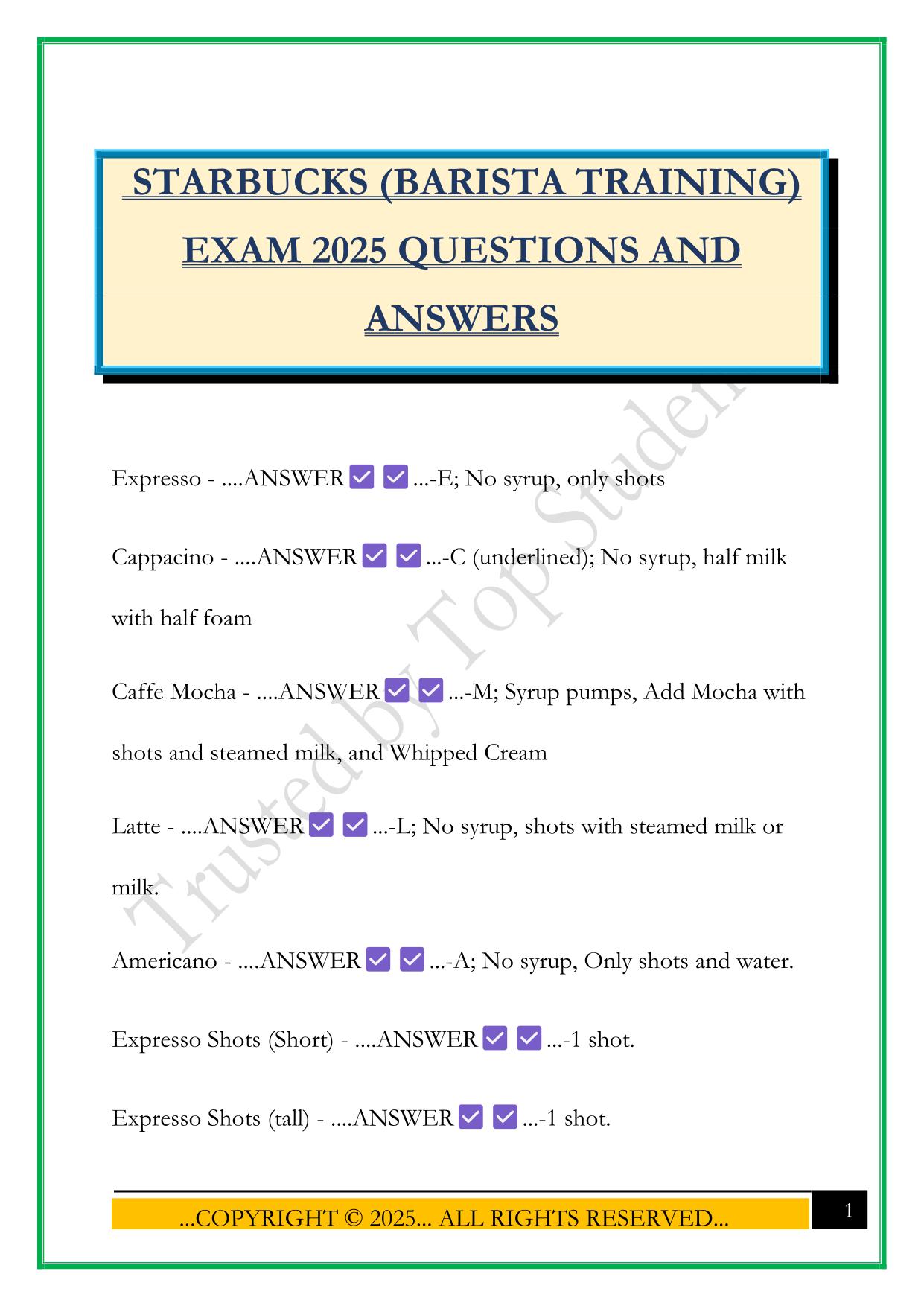 STARBUCKS (BARISTA TRAINING) EXAM 2025 QUESTIONS AND ANSWERS