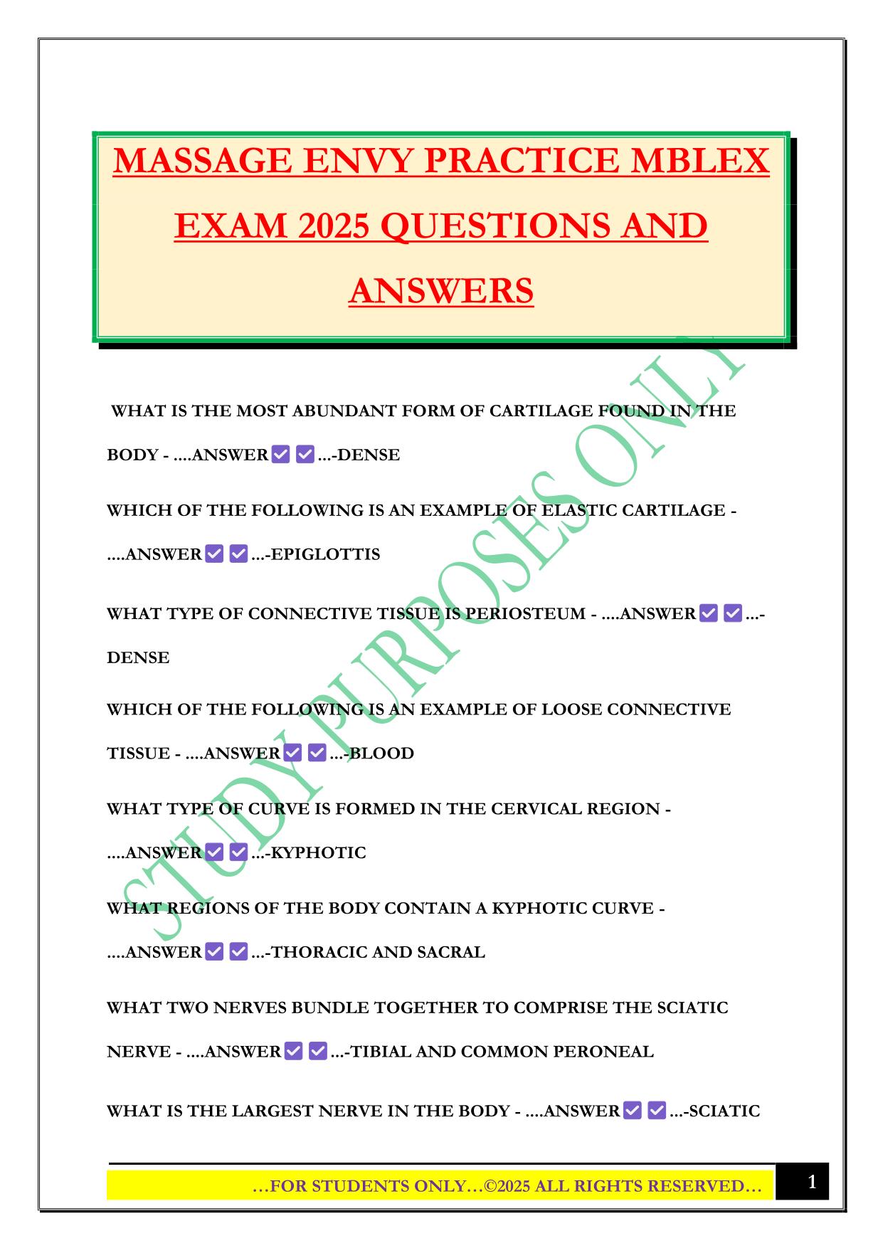 MASSAGE ENVY PRACTICE MBLEX EXAM 2025 QUESTIONS AND ANSWERS