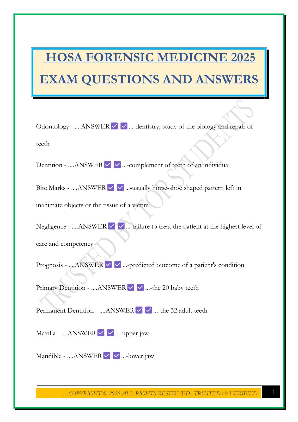 HOSA FORENSIC MEDICINE 2025 EXAM QUESTIONS AND ANSWERS
