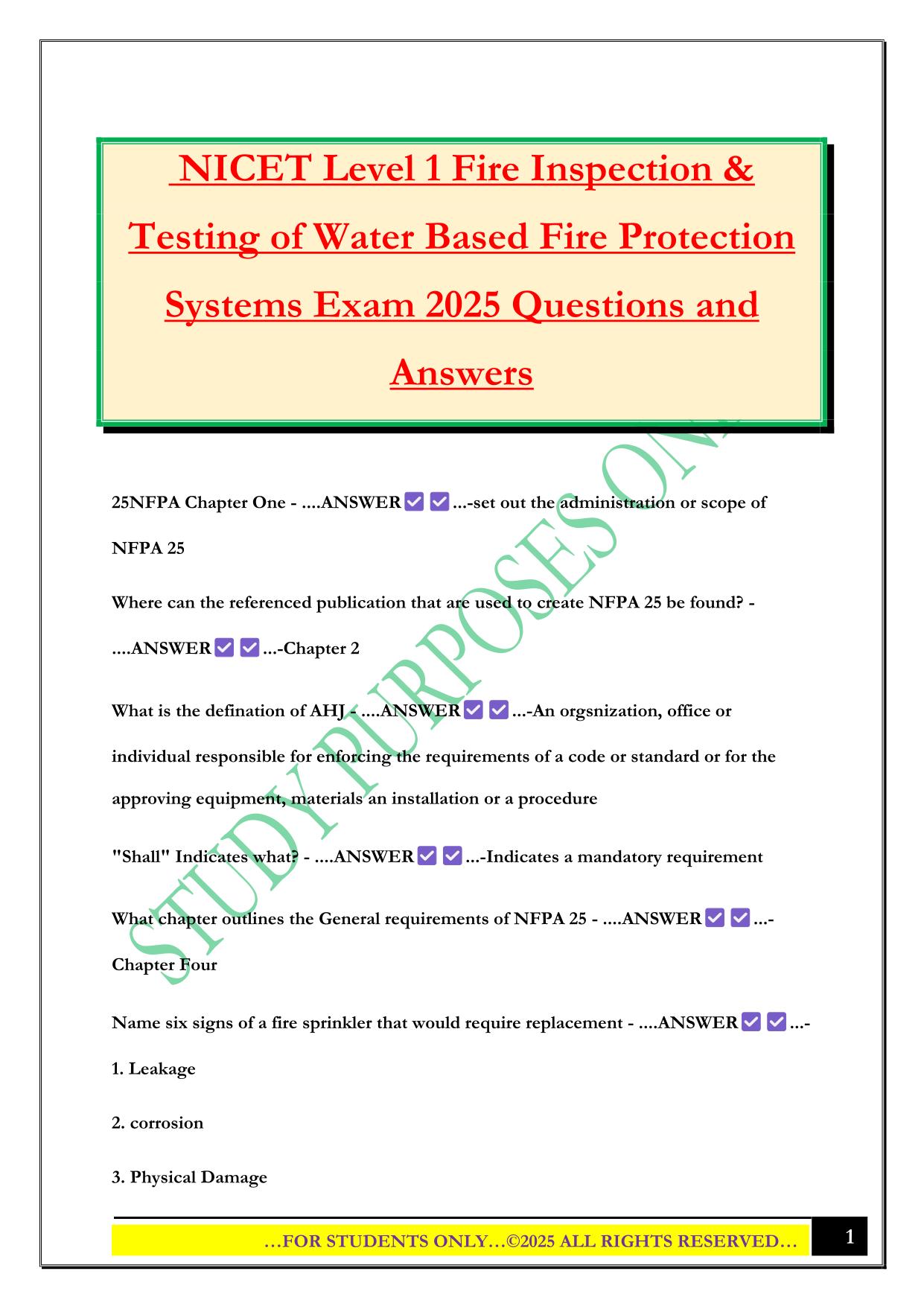 NICET Level 1 Fire Inspection & Testing of Water Based Fire Protection Systems Exam 2025 Questions and Answers