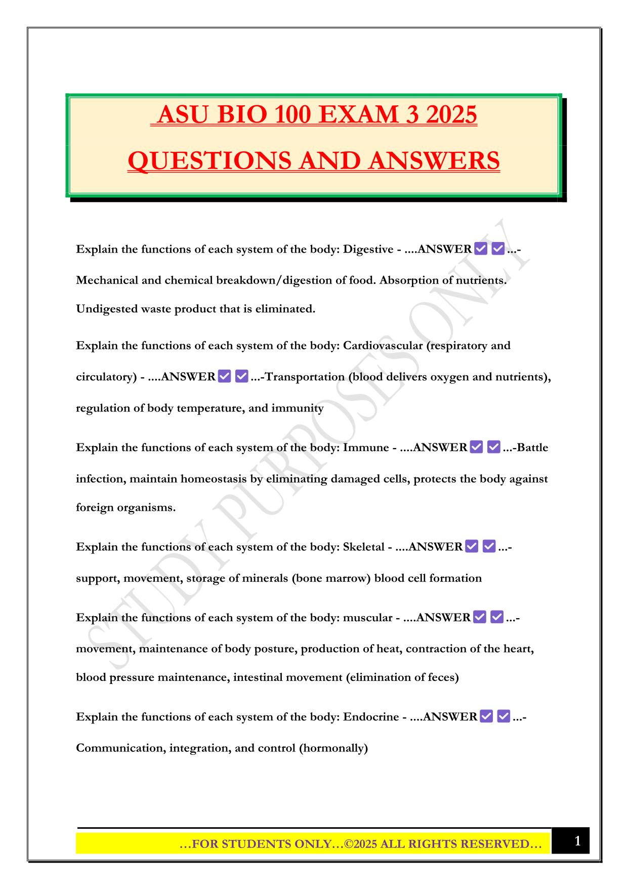 ASU BIO 100 EXAM 3 2025 QUESTIONS AND ANSWERS