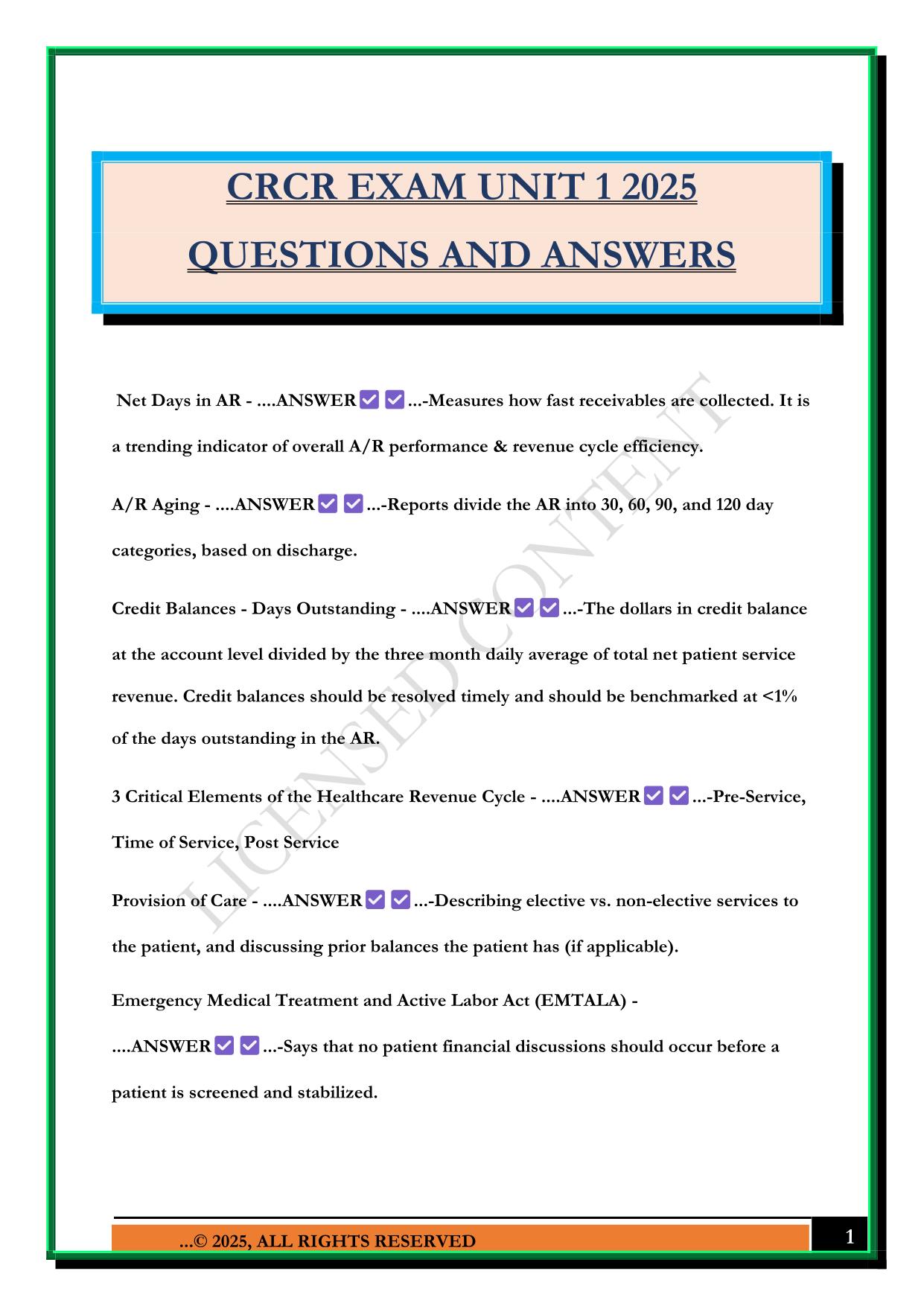 CRCR EXAM UNIT 1 2025 QUESTIONS AND ANSWERS