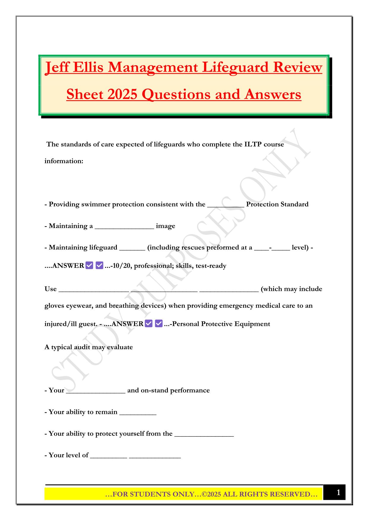 Jeff Ellis Management Lifeguard Review Sheet 2025 Questions and Answers