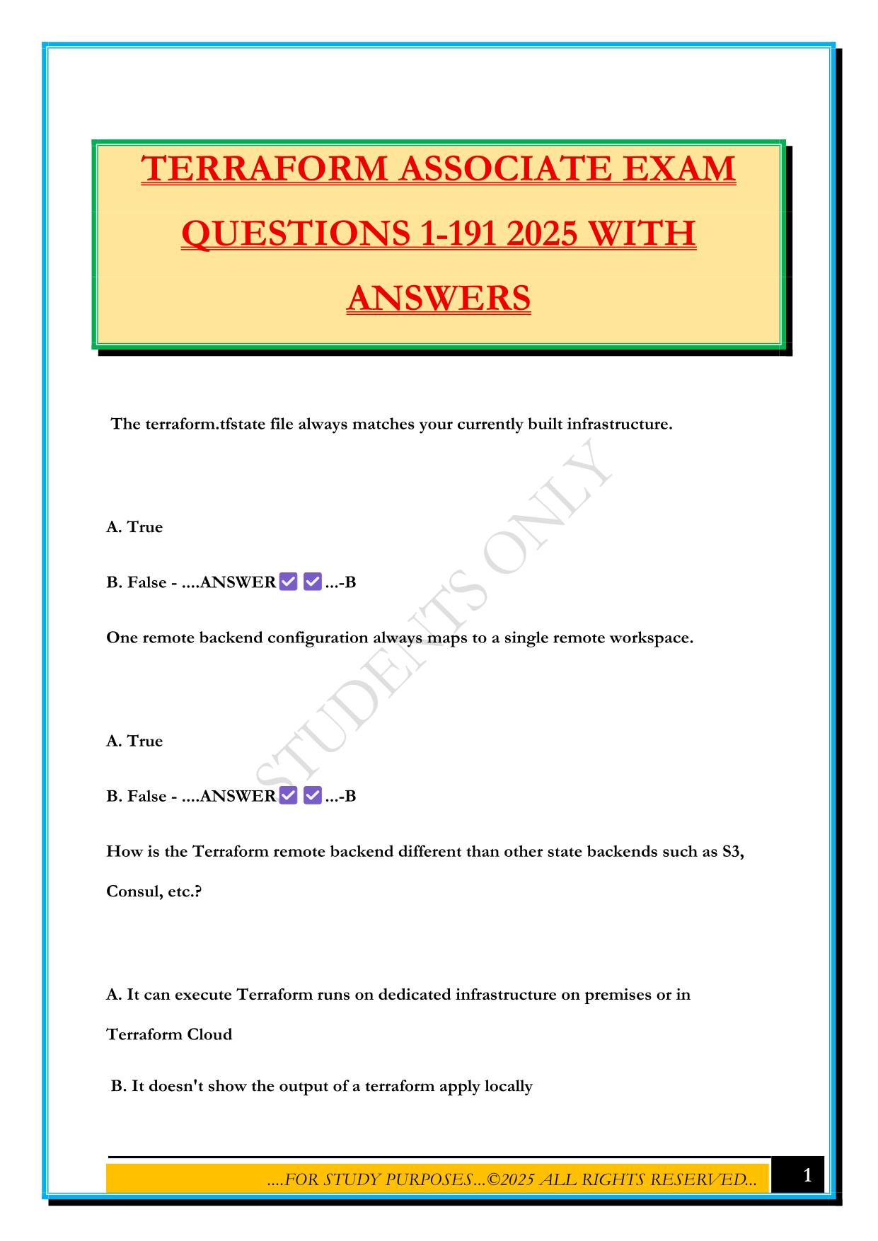 TERRAFORM ASSOCIATE EXAM QUESTIONS 1-191 2025 WITH ANSWERS