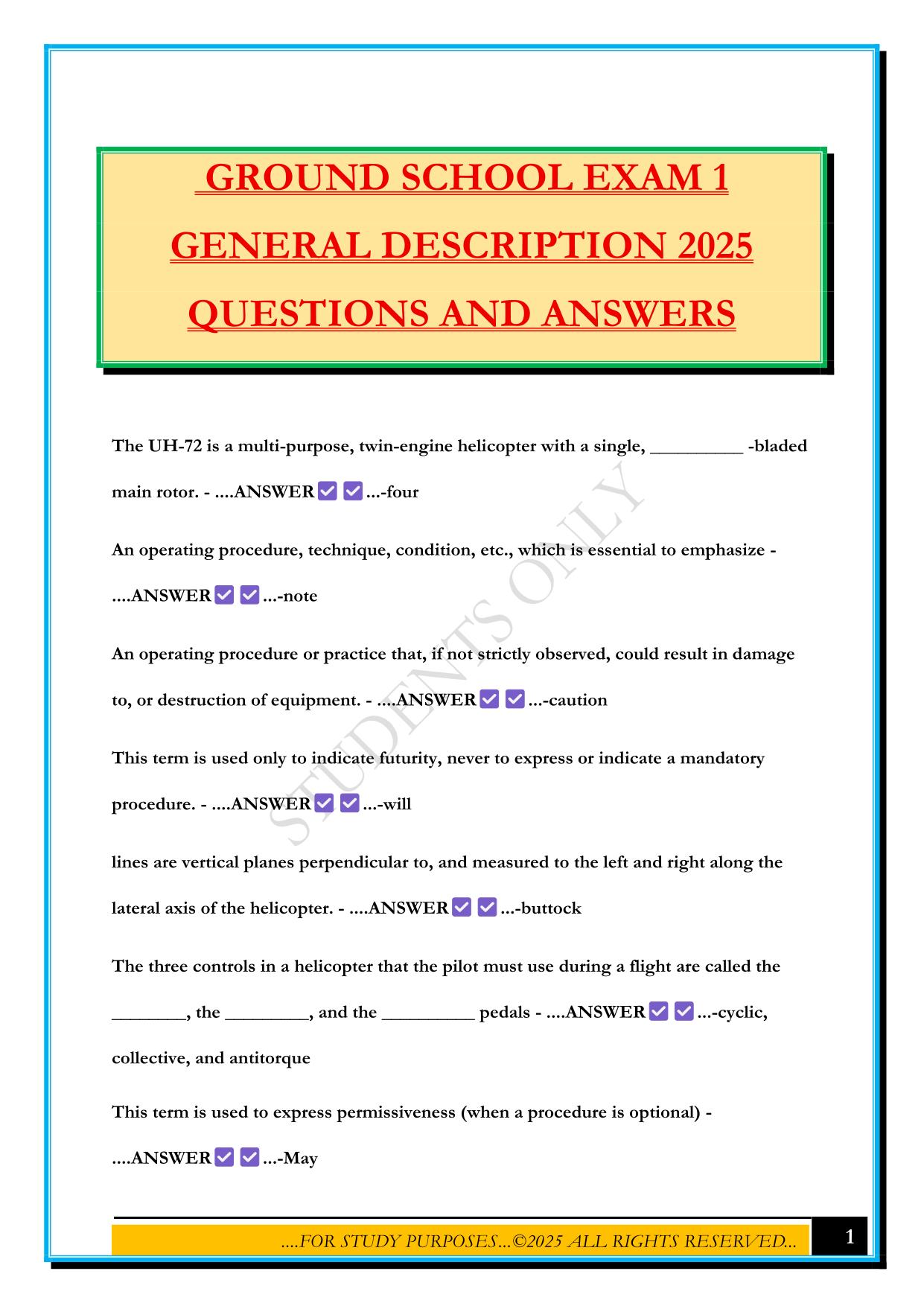 GROUND SCHOOL Bundled Exams 2025/2026 |Questions and Answers |100% Pass