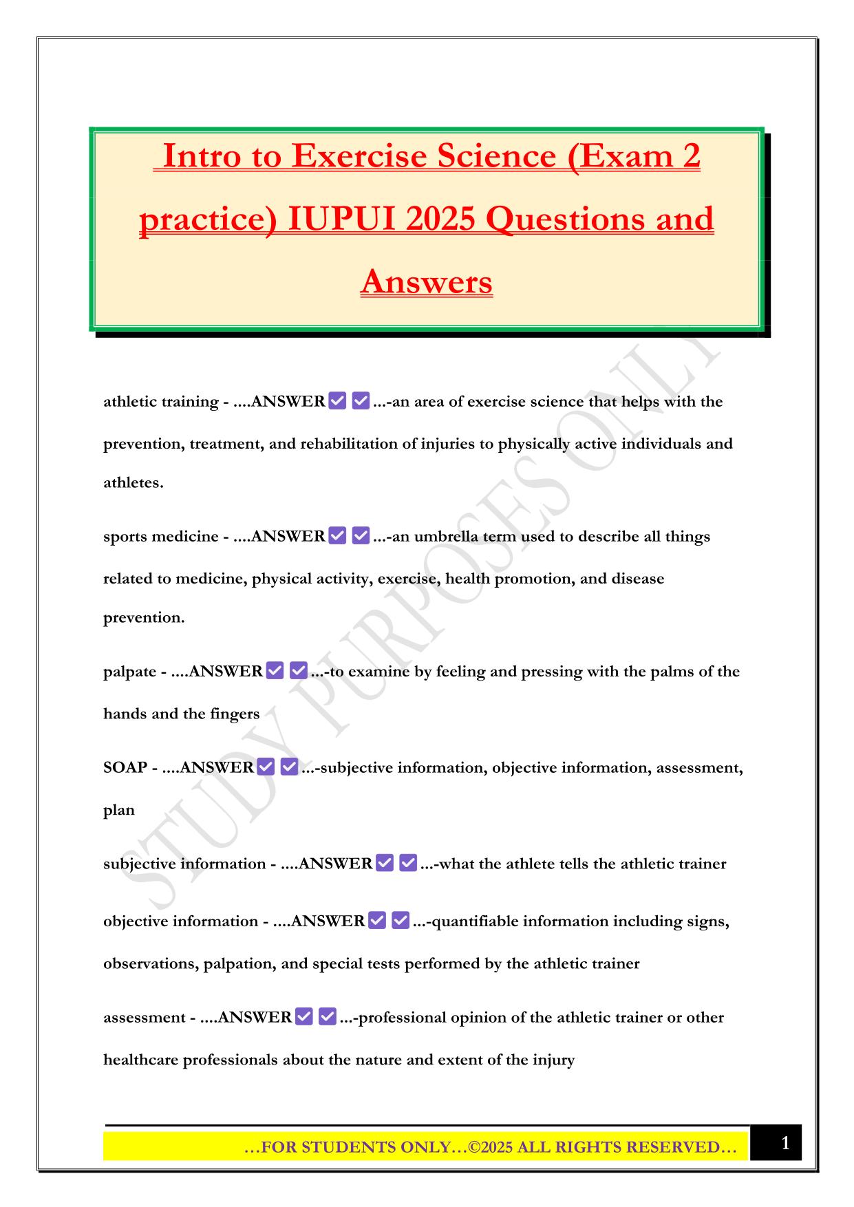 Intro to Exercise Science (Exam 2 practice) IUPUI 2025 Questions and Answers