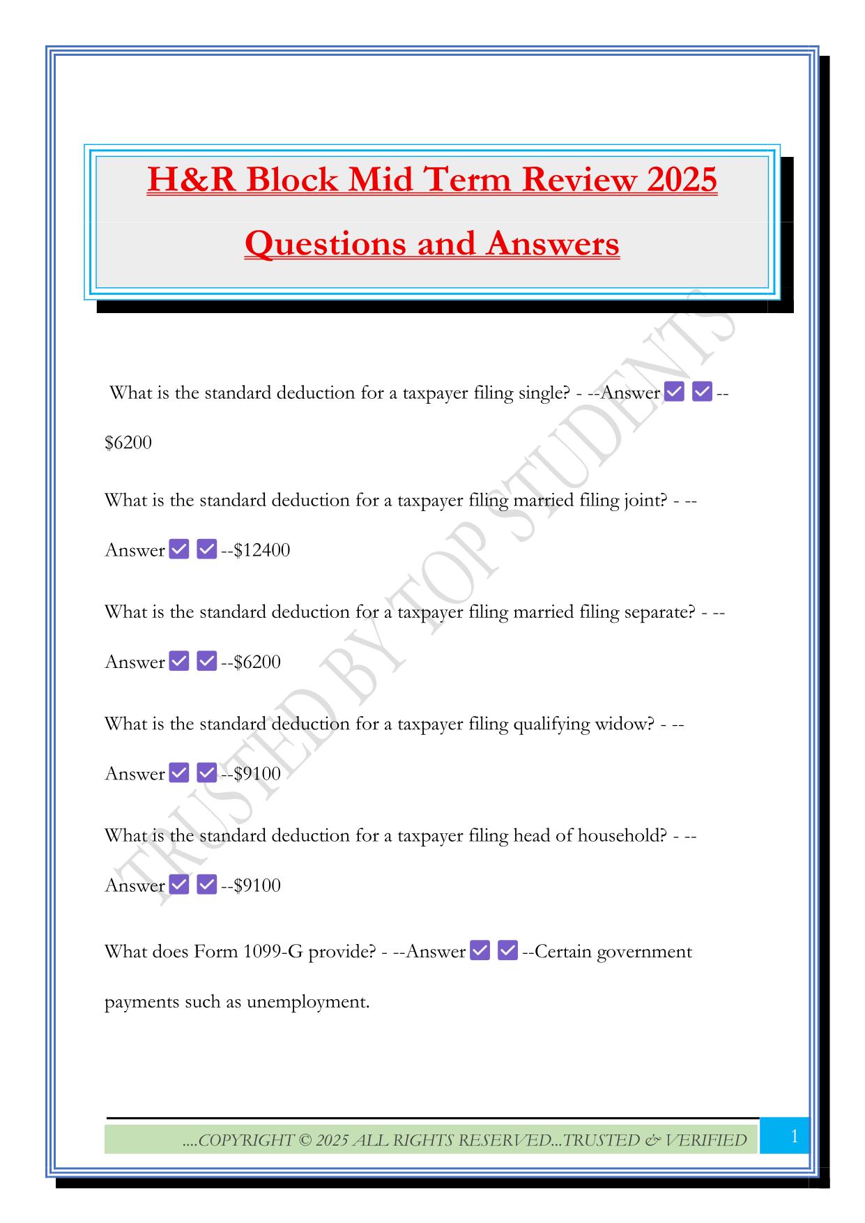 H&R Block Mid Term Review 2025 Questions and Answers