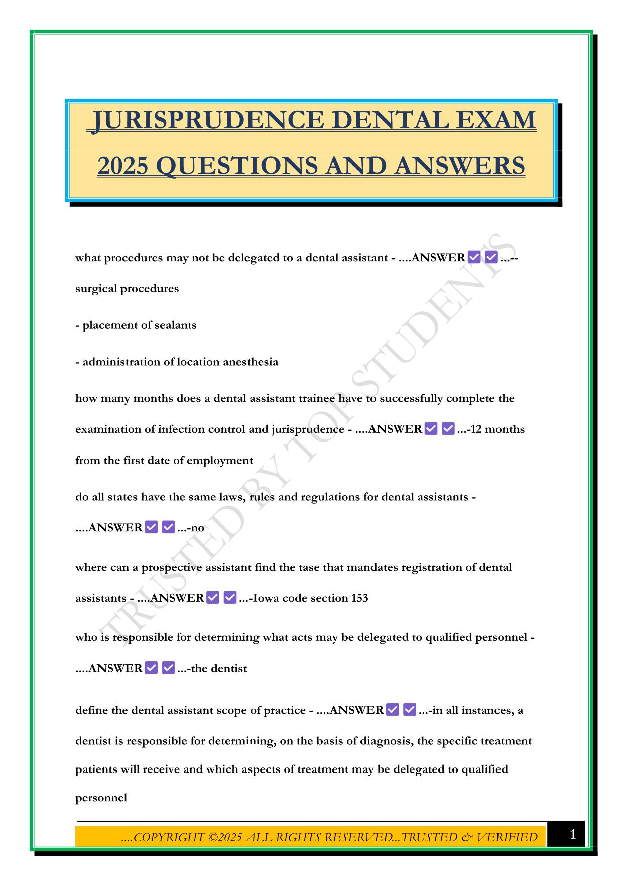 JURISPRUDENCE DENTAL EXAM 2025 QUESTIONS AND ANSWERS