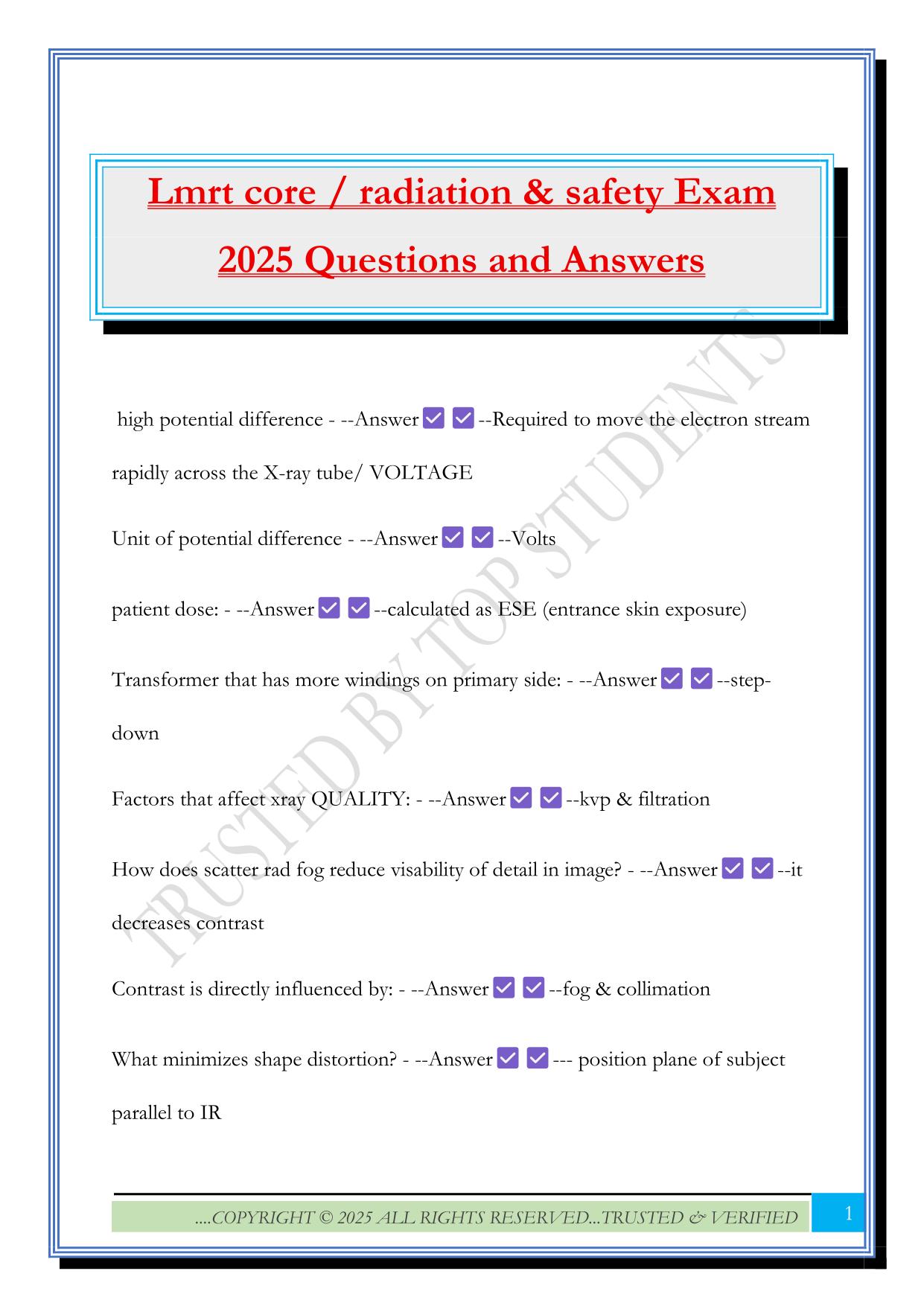 Lmrt core / radiation & safety Exam 2025 Questions and Answers
