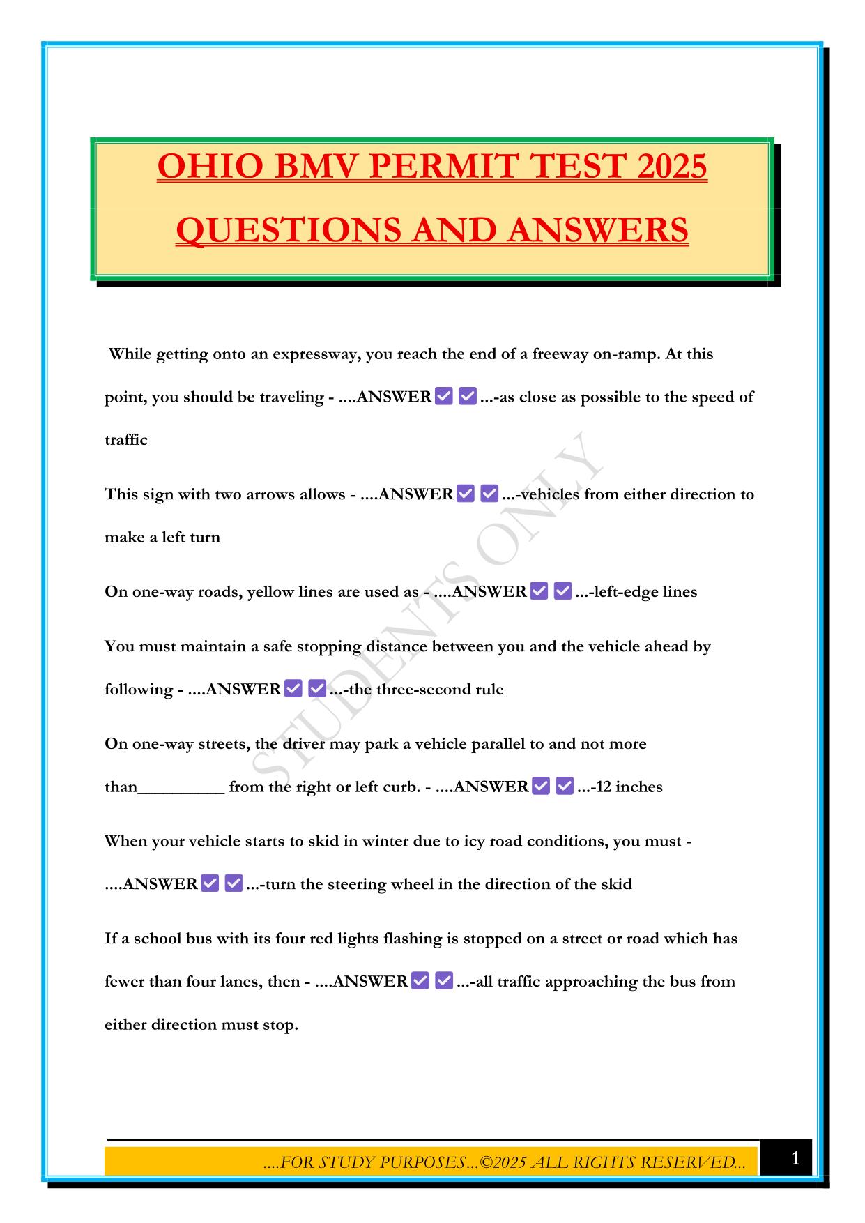 OHIO BMV PERMIT TEST 2025 QUESTIONS AND ANSWERS