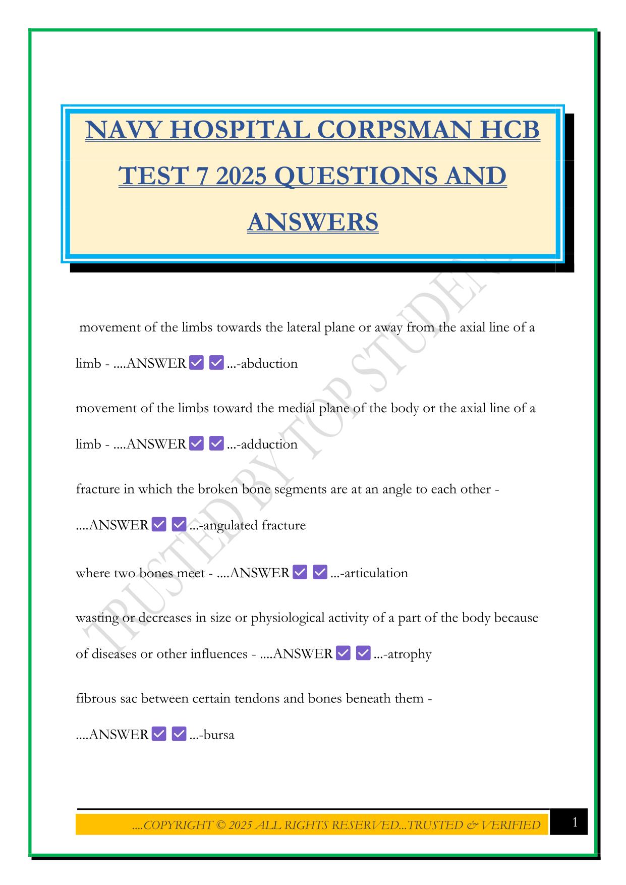 NAVY HOSPITAL CORPSMAN HCB TEST 7 2025 QUESTIONS AND ANSWERS