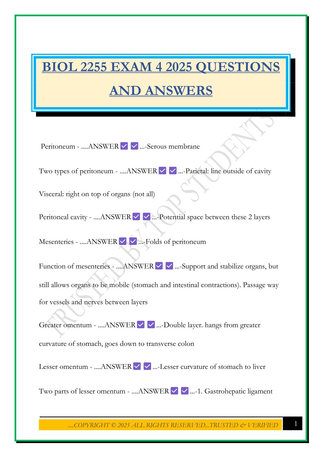 BIOL 2255 EXAM 4 2025 QUESTIONS AND ANSWERS